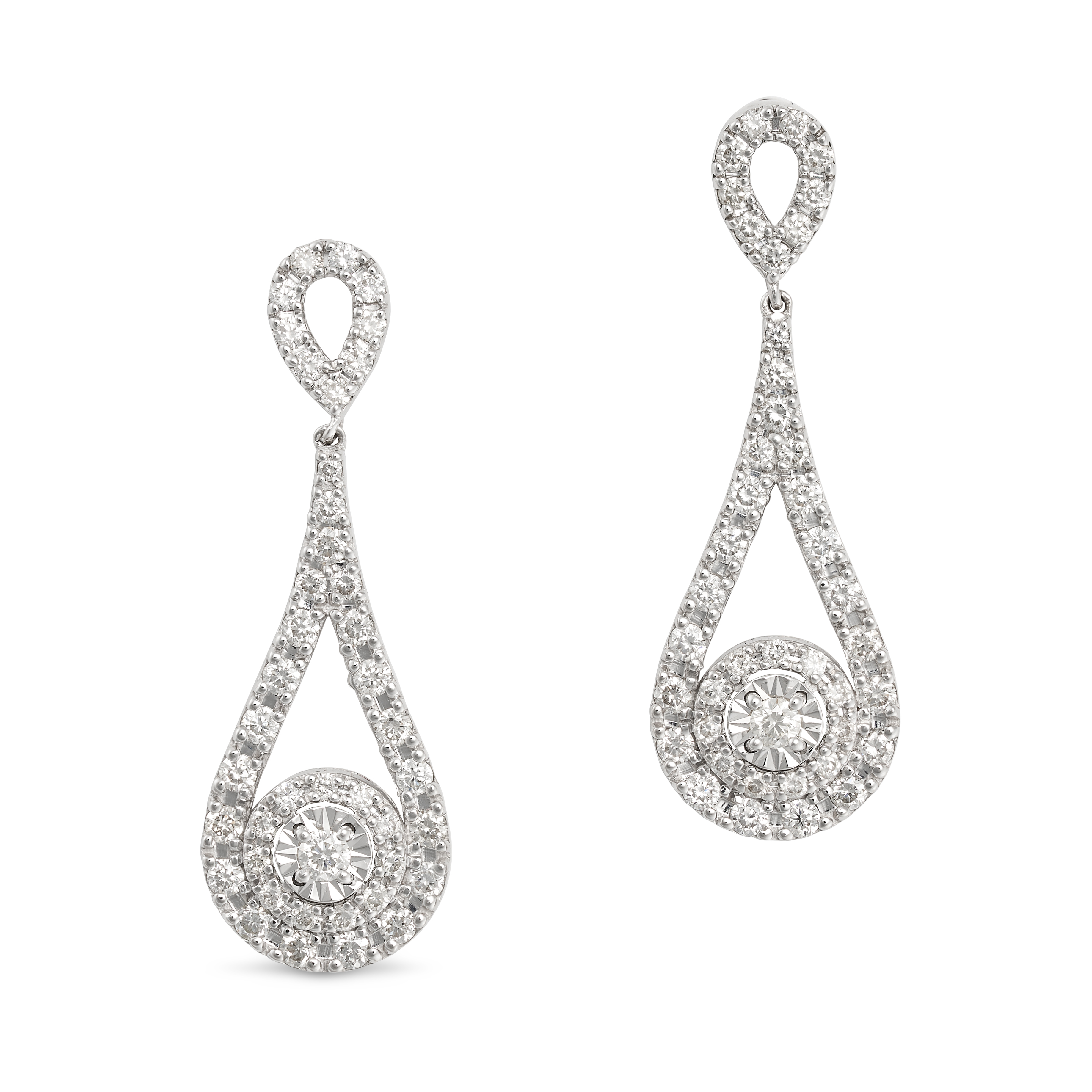 A PAIR OF DIAMOND DROP EARRINGS in 18ct white gold, each comprising a pear-shaped motif set with ...