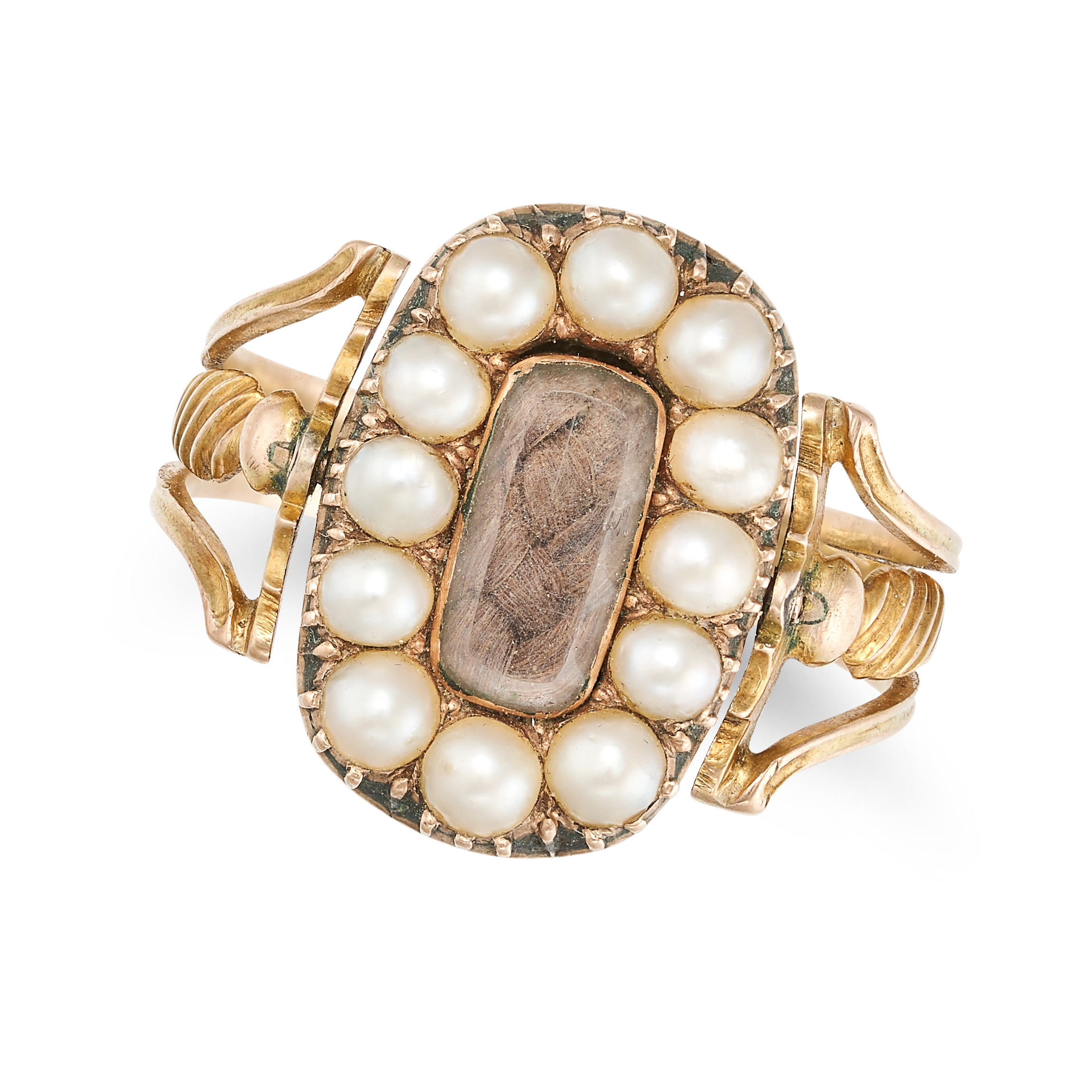 A GEORGIAN HAIRWORK AND PEARL SWIVEL MOURNING RING in yellow gold, set to one side with a hairwor...