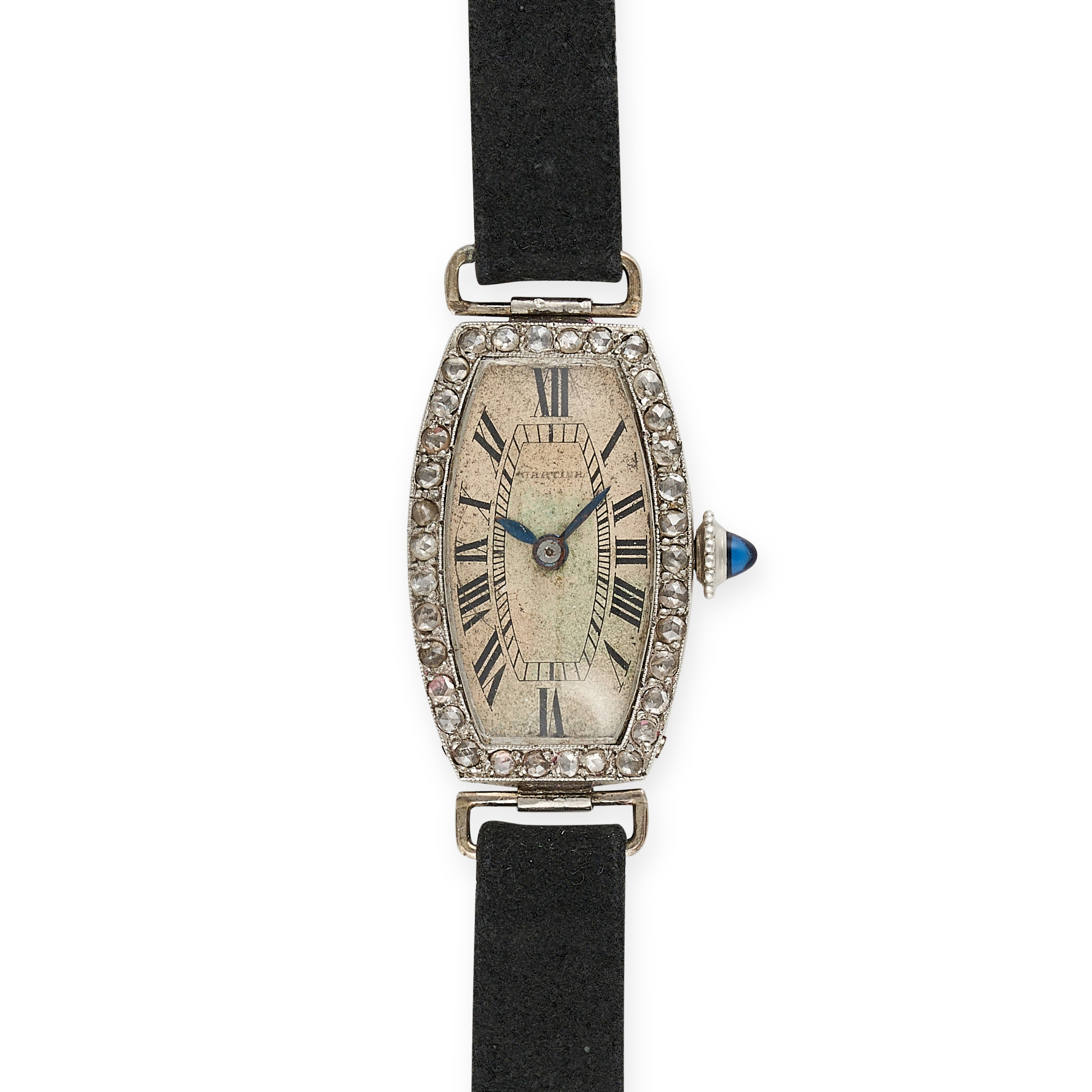 CARTIER, A VINTAGE DIAMOND TONNEAU COCKTAIL WATCH in stainless steel, off-white dial with painted...