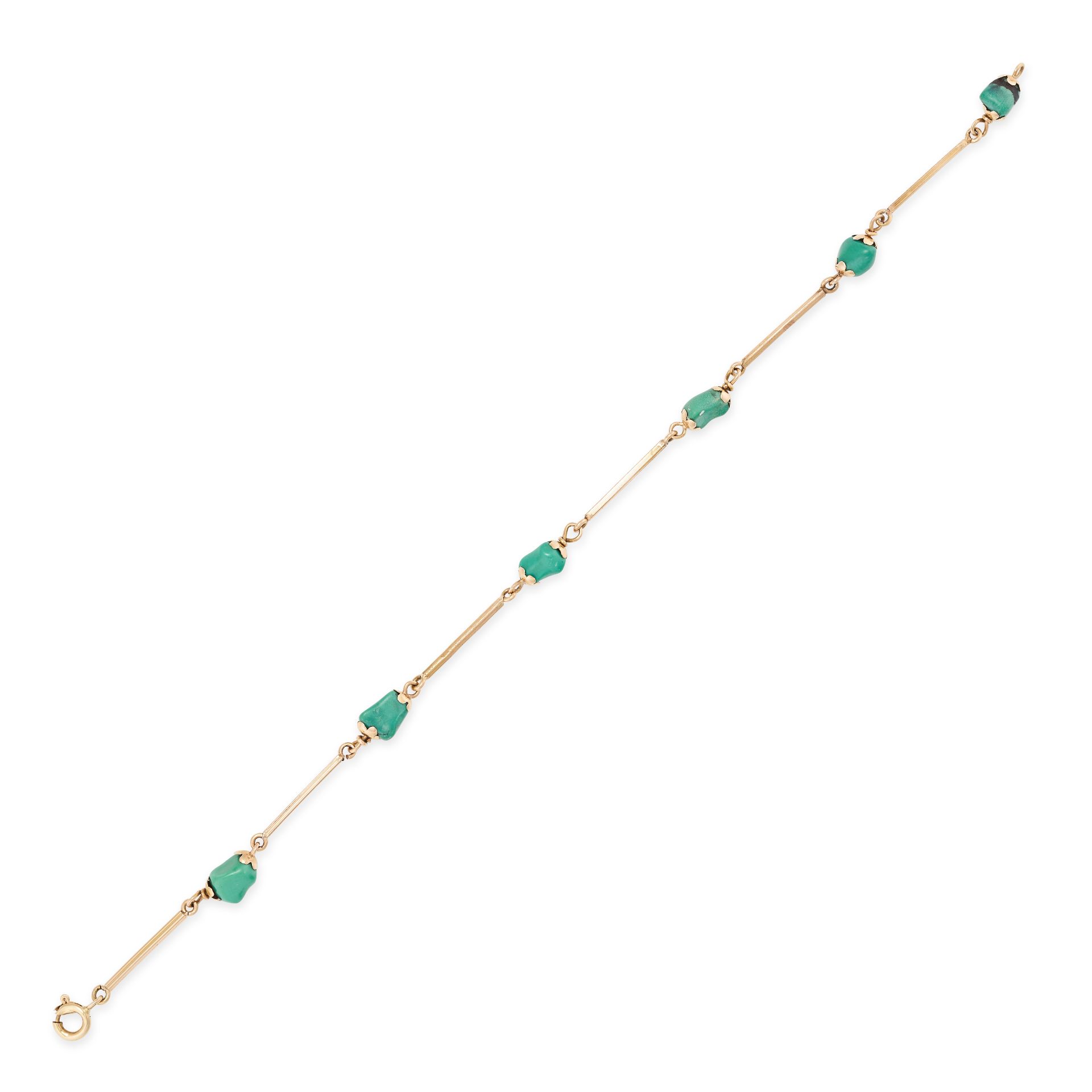 A VINTAGE TURQUOISE BRACELET in yellow gold, comprising a row of rectangular links accented by tu...