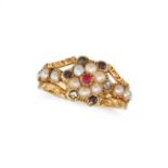 NO RESERVE - AN ANTIQUE GEORGIAN PEARL, RUBY, DIAMOND AND GARNET RING in yellow gold, set with a ...