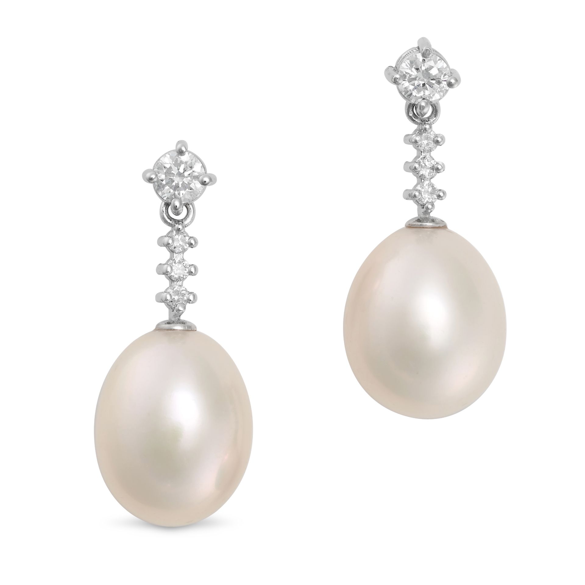 A PAIR OF PEARL AND DIAMOND DROP EARRINGS in 18ct white gold, each comprising a row of round bril...