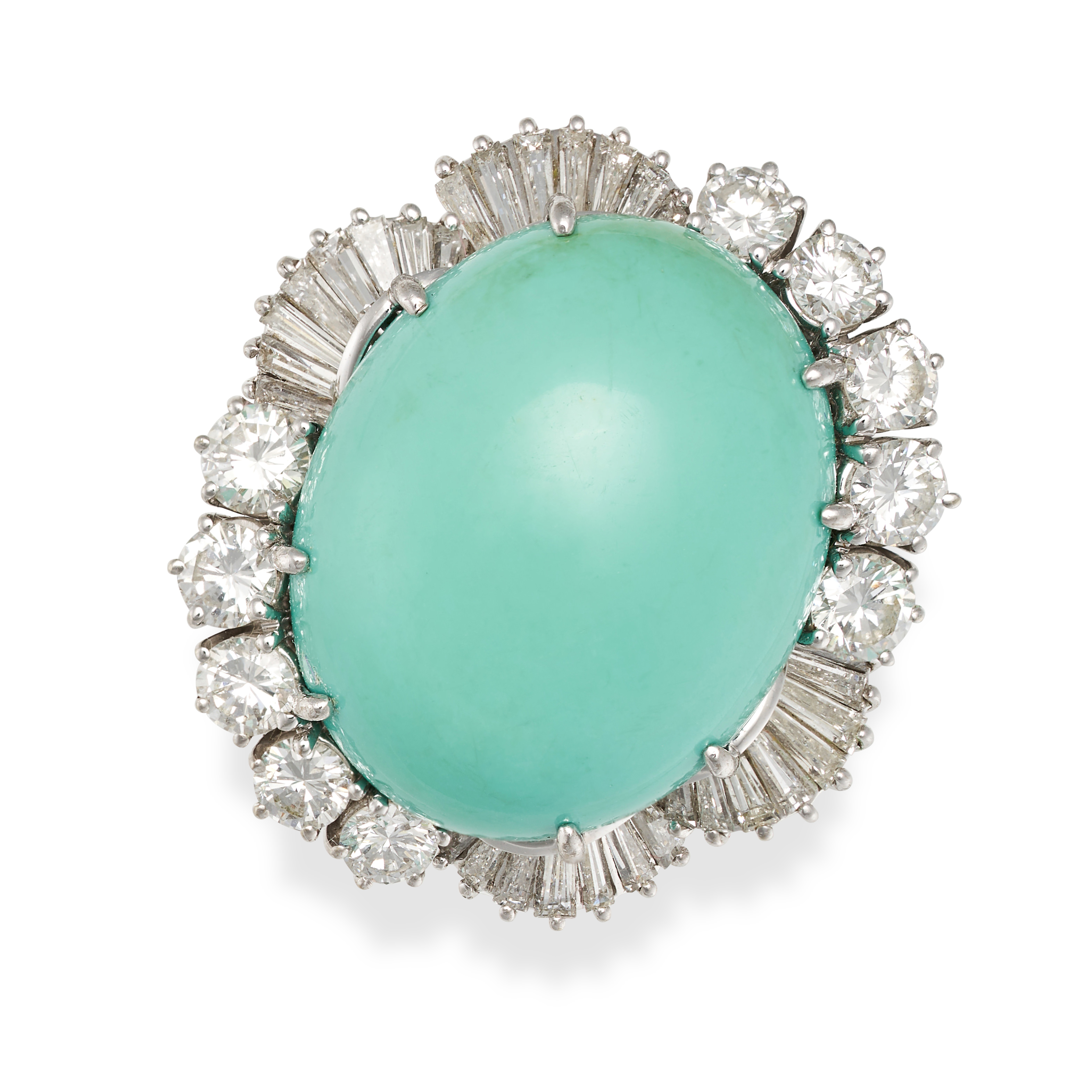 A TURQUOISE AND DIAMOND CLUSTER RING in 18ct white gold, set with an oval cabochon turquoise in a...