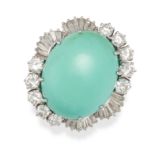 A TURQUOISE AND DIAMOND CLUSTER RING in 18ct white gold, set with an oval cabochon turquoise in a...