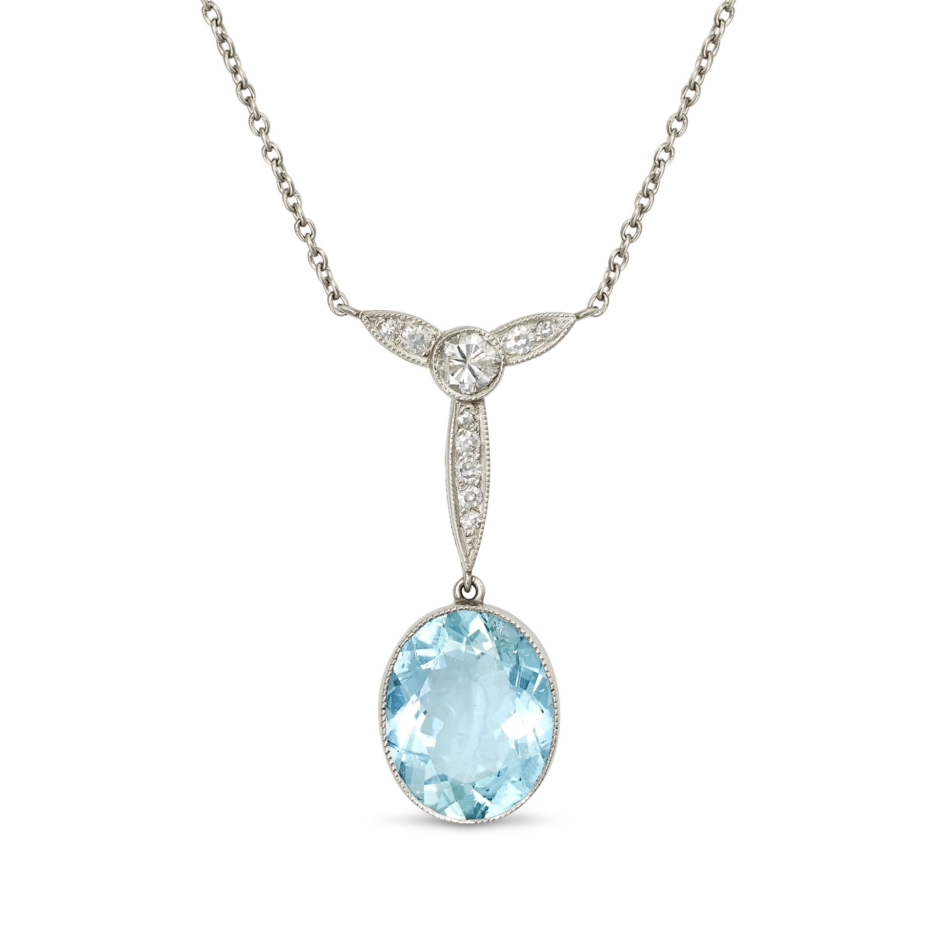 AN AQUAMARINE AND DIAMOND PENDANT NECKLACE in platinum, set with round brilliant cut diamonds sus...