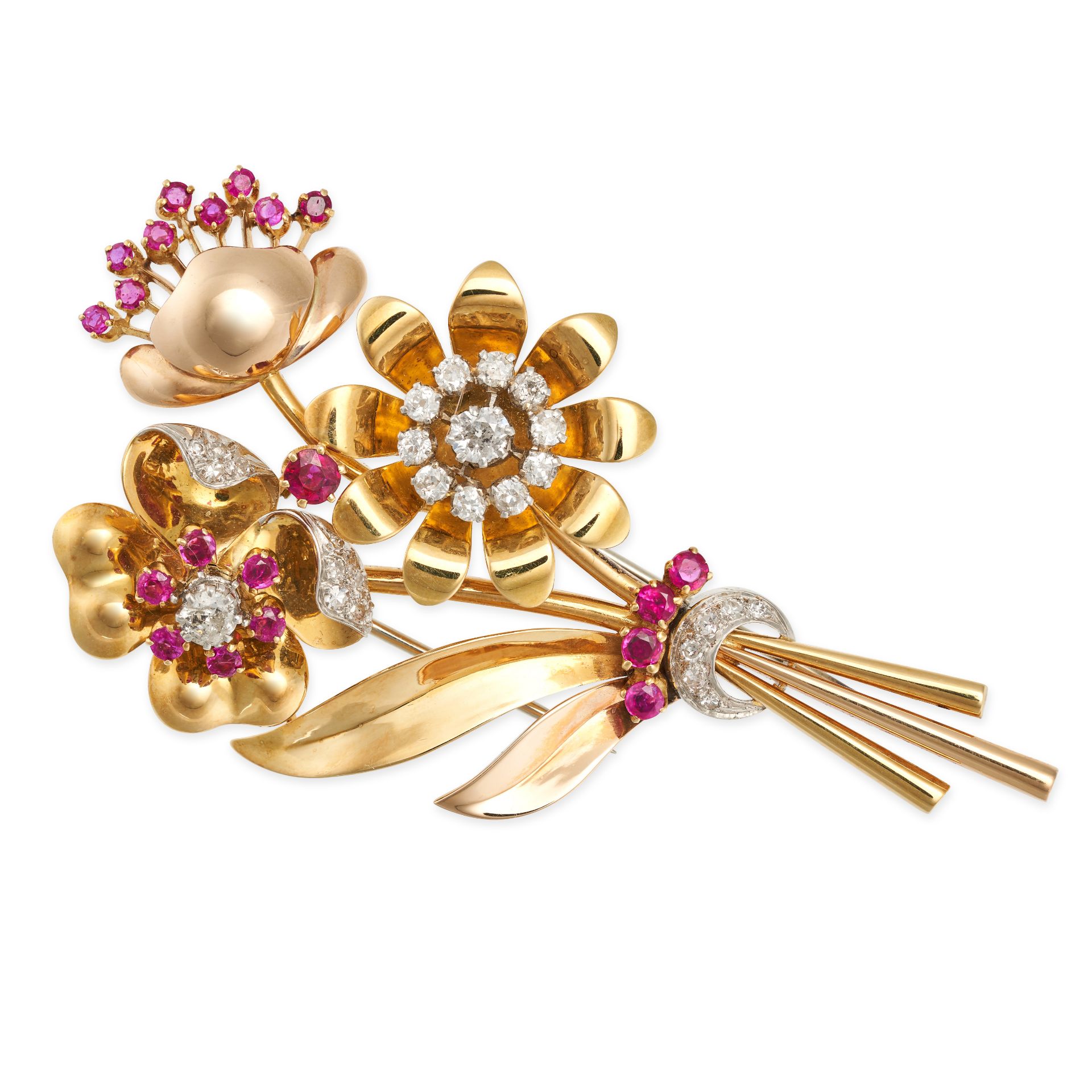 A VINTAGE RUBY AND DIAMOND FLOWER BROOCH in yellow gold and platinum, designed as a bouquet of th...