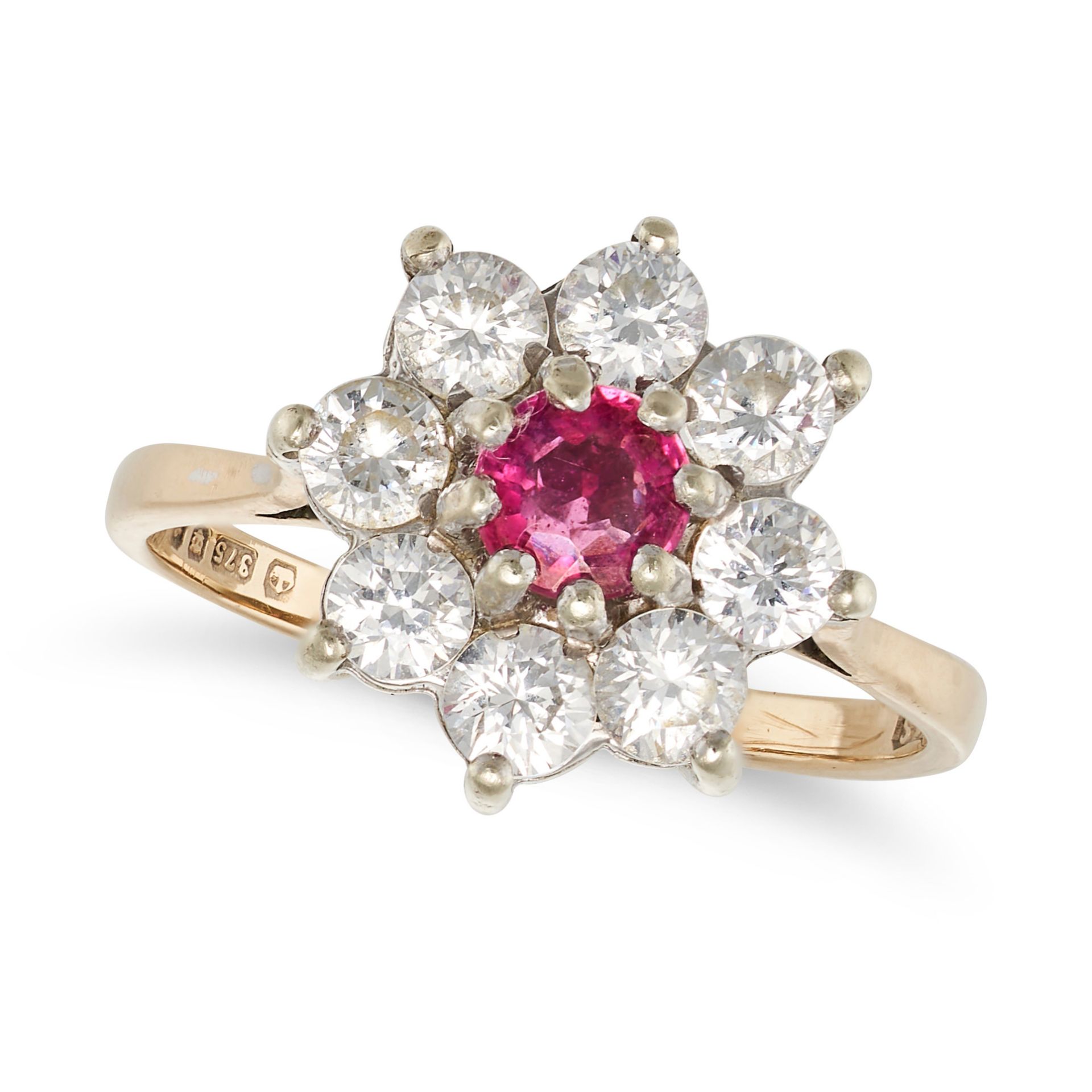 A RUBY AND CUBIC ZIRCONIA CLUSTER RING in 9ct yellow gold, set with a round cut ruby in a cluster...