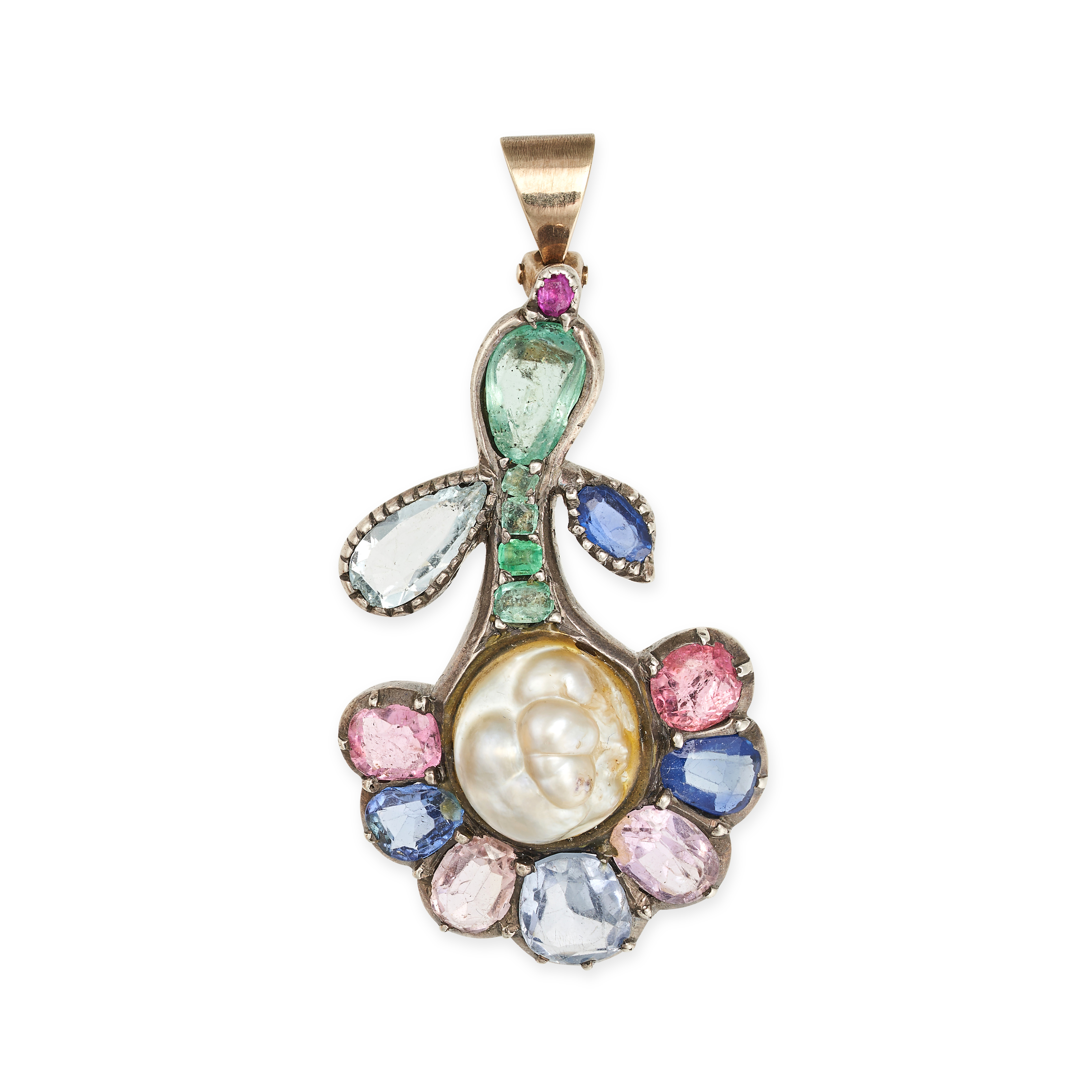 AN ANTIQUE PEARL, EMERALD, SAPPHIRE AND RUBY PENDANT in yellow gold and silver, designed as an up...