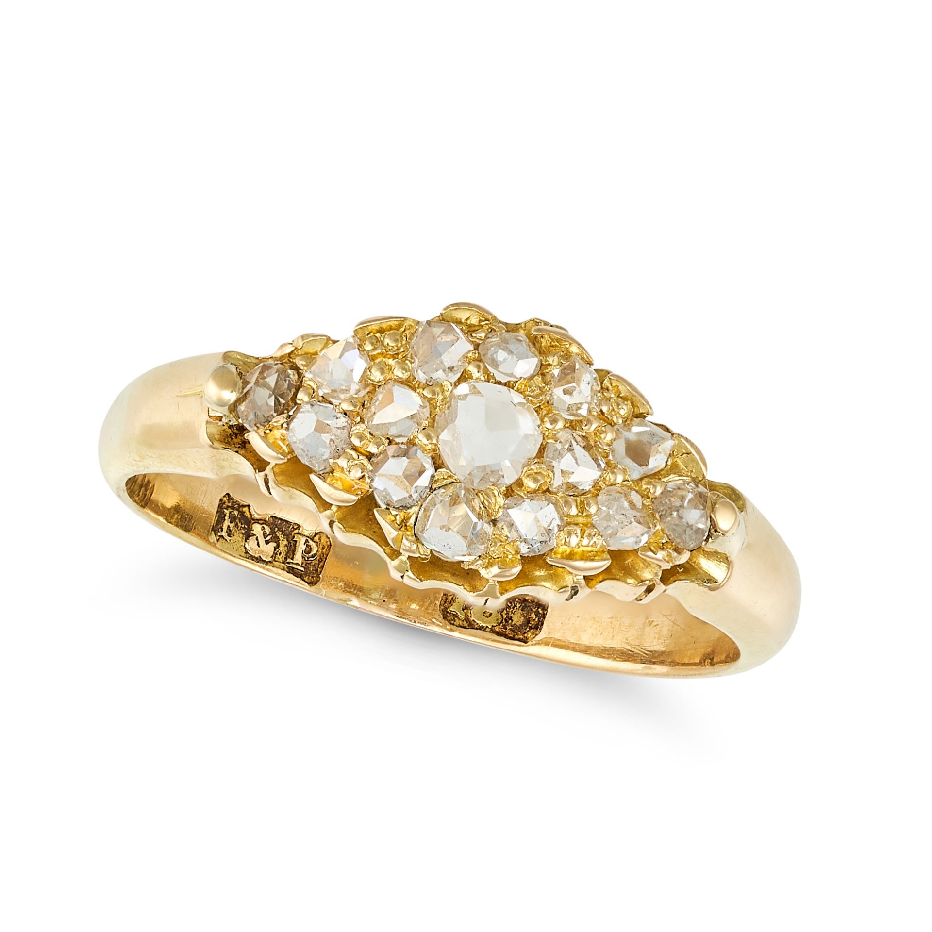 AN ANTIQUE DIAMOND RING in 18ct yellow gold, the navette shaped face set with a cluster of rose c...