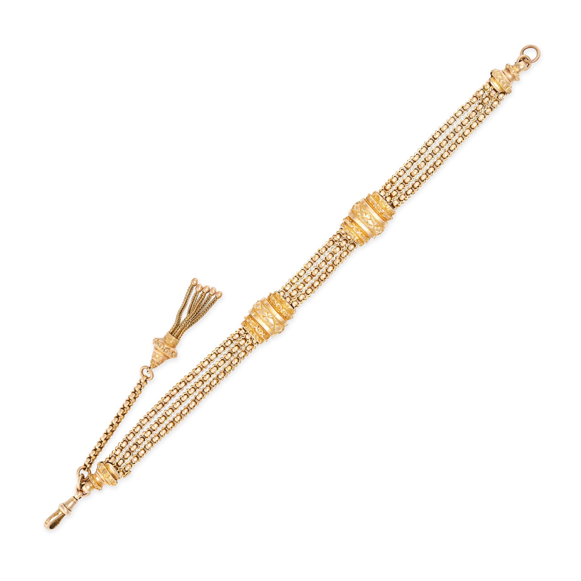 AN ANTIQUE ALBERT WATCH CHAIN in 9ct yellow gold, comprising three chains with engraved sliders t...