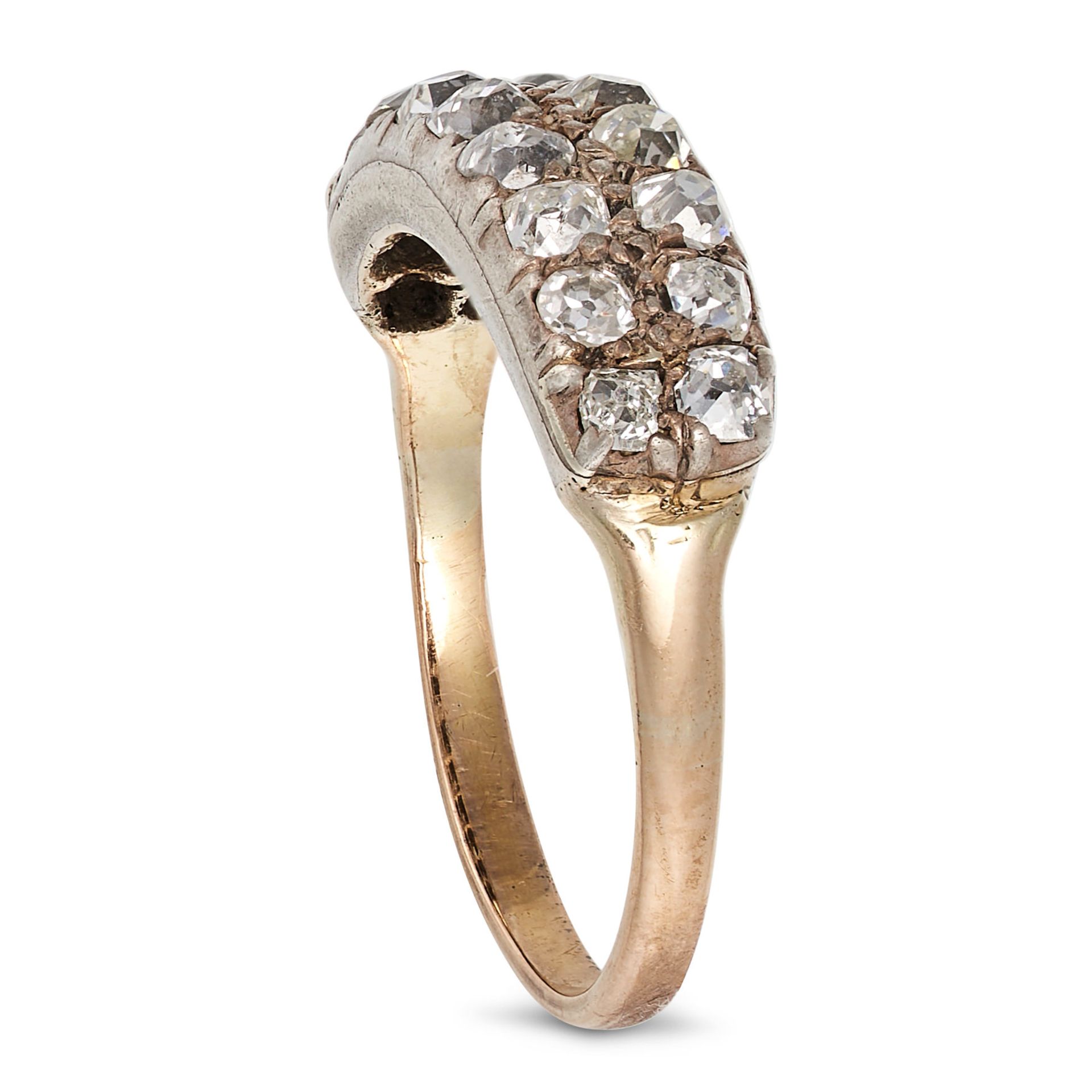 AN ANTIQUE DIAMOND RING in yellow gold and silver, set with two rows of old mine cut diamonds, on... - Image 2 of 2