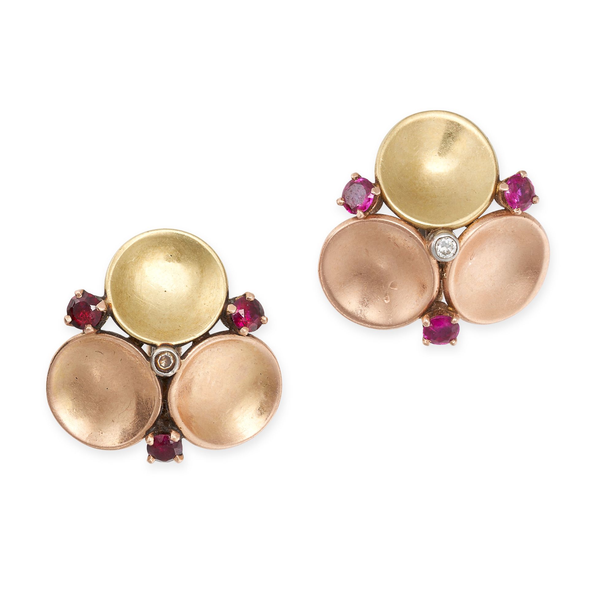 NO RESERVE - A PAIR OF RUBY AND DIAMOND EARRINGS in 14ct yellow and rose gold, each comprising a ...