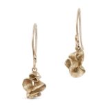 A PAIR OF GOLD DROP EARRINGS in yellow gold, each comprising a French hook suspending an abstract...