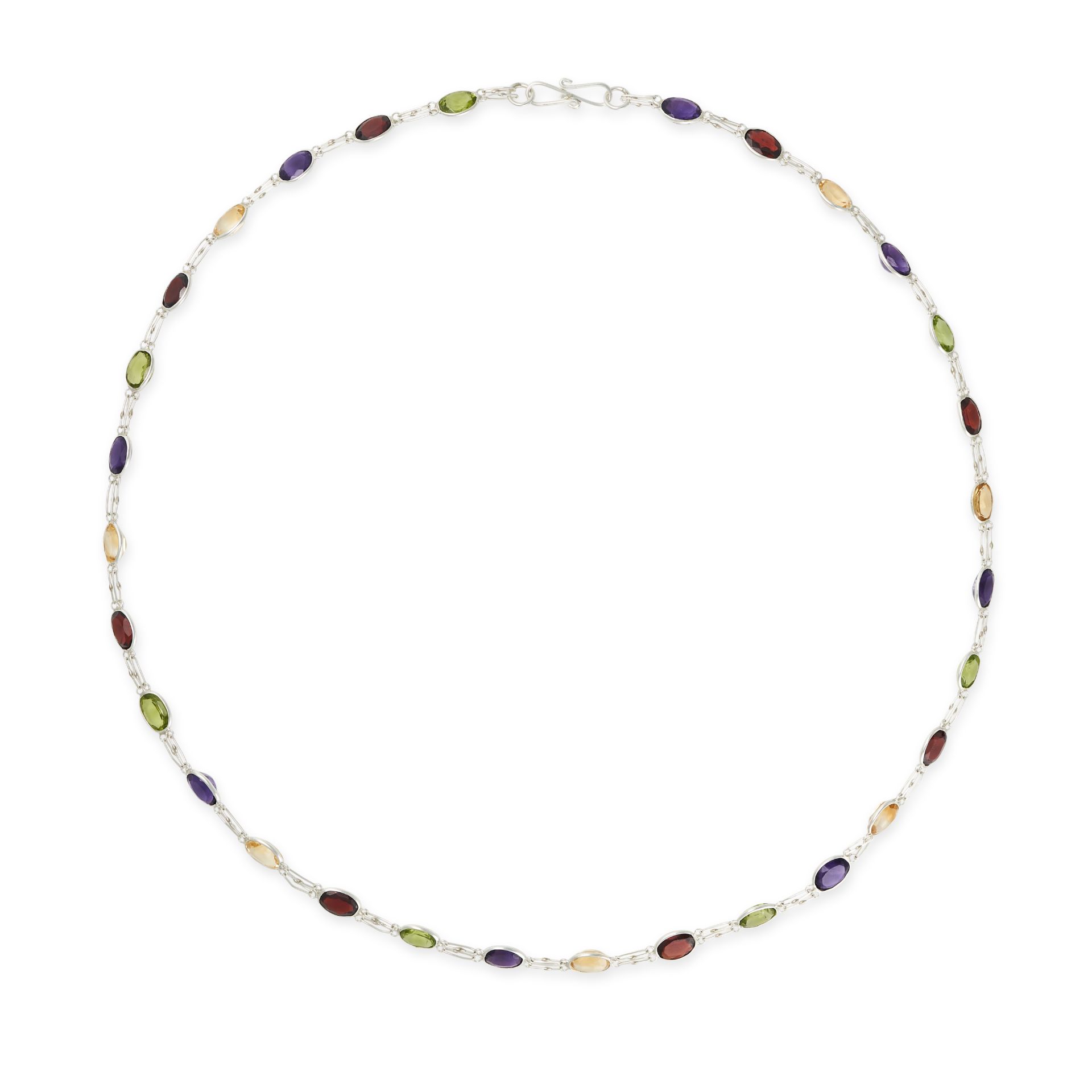 A MULTIGEM CHAIN NECKLACE in silver, set with oval cut garnets, amethyst, peridot and citrine on ...