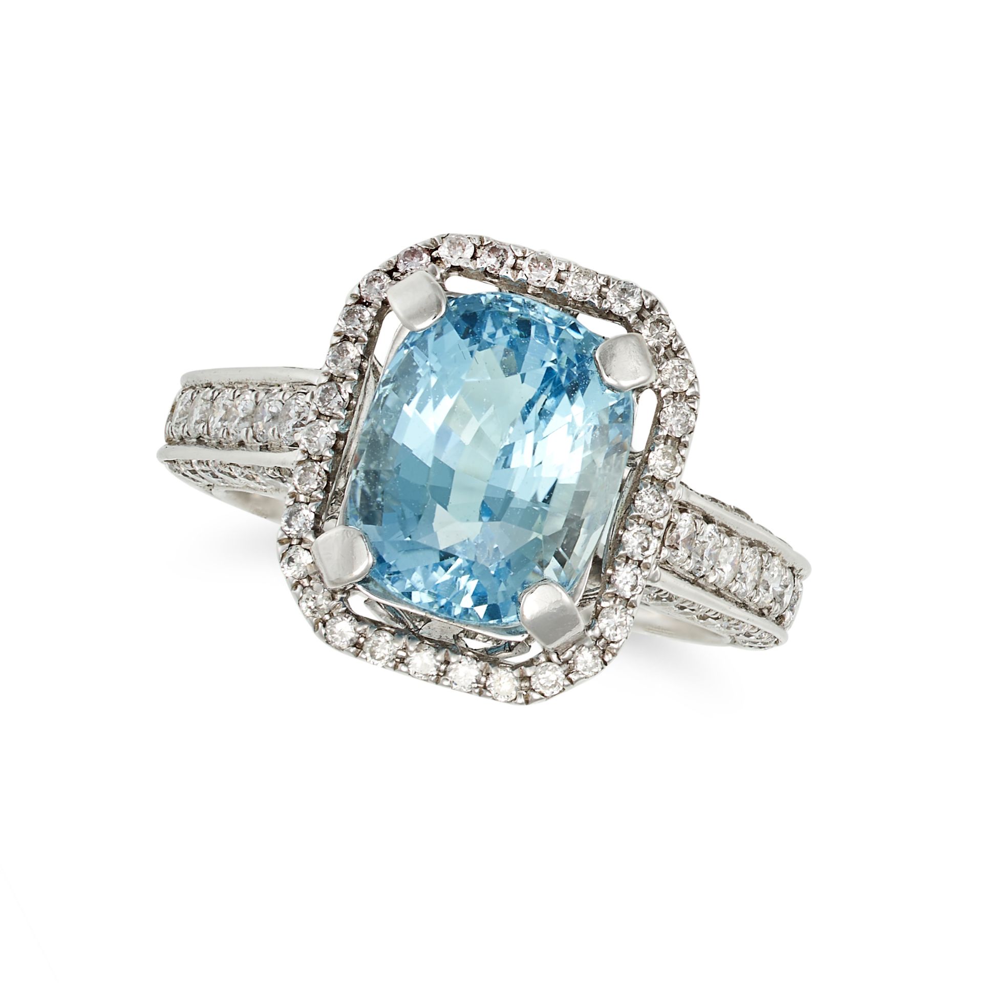 AN AQUAMARINE AND DIAMOND DRESS RING in 18ct white gold, set with an oval cut aquamarine of appro...