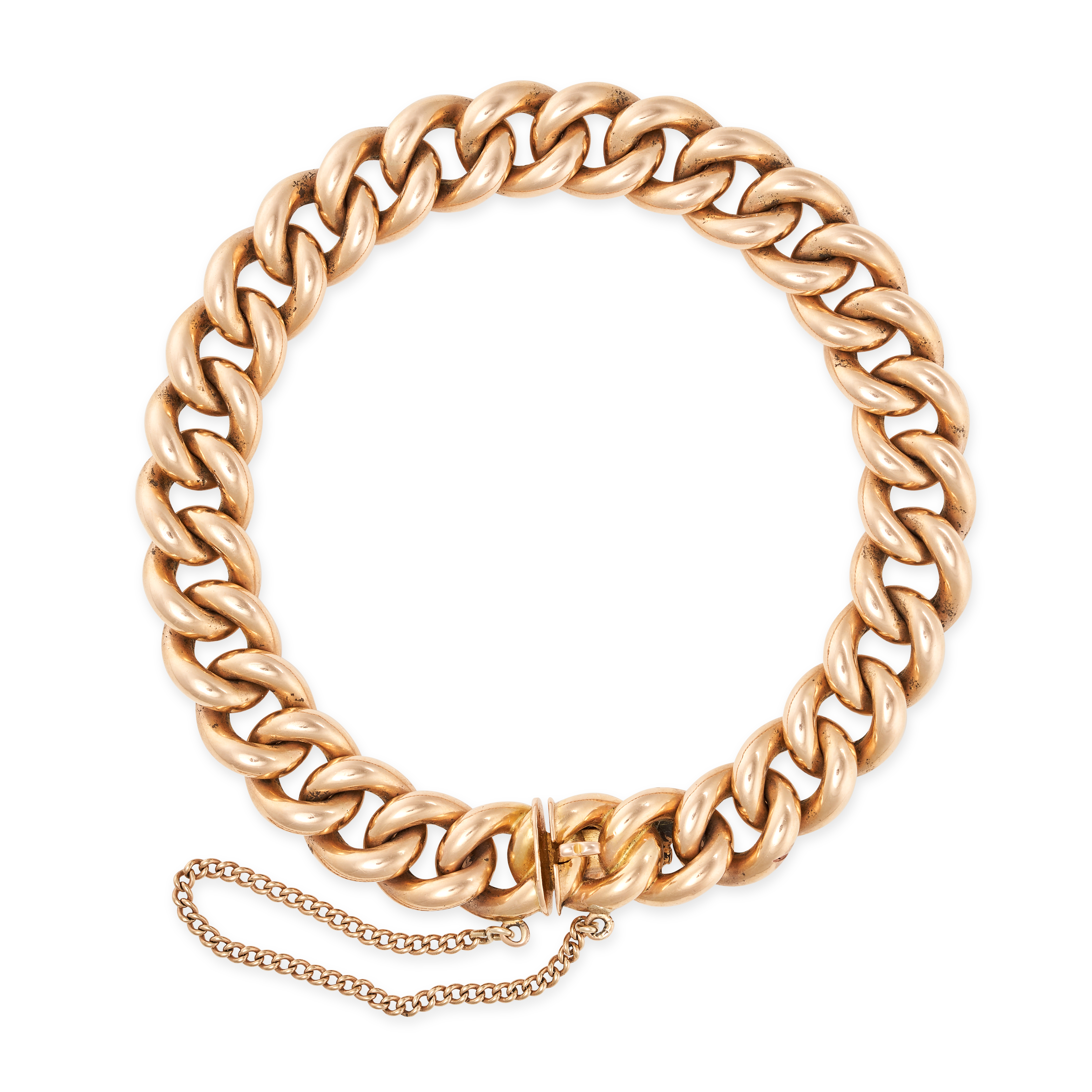 AN ANTIQUE CURB LINK BRACELET in yellow gold, comprising a row of curb links, marked indistinctly...