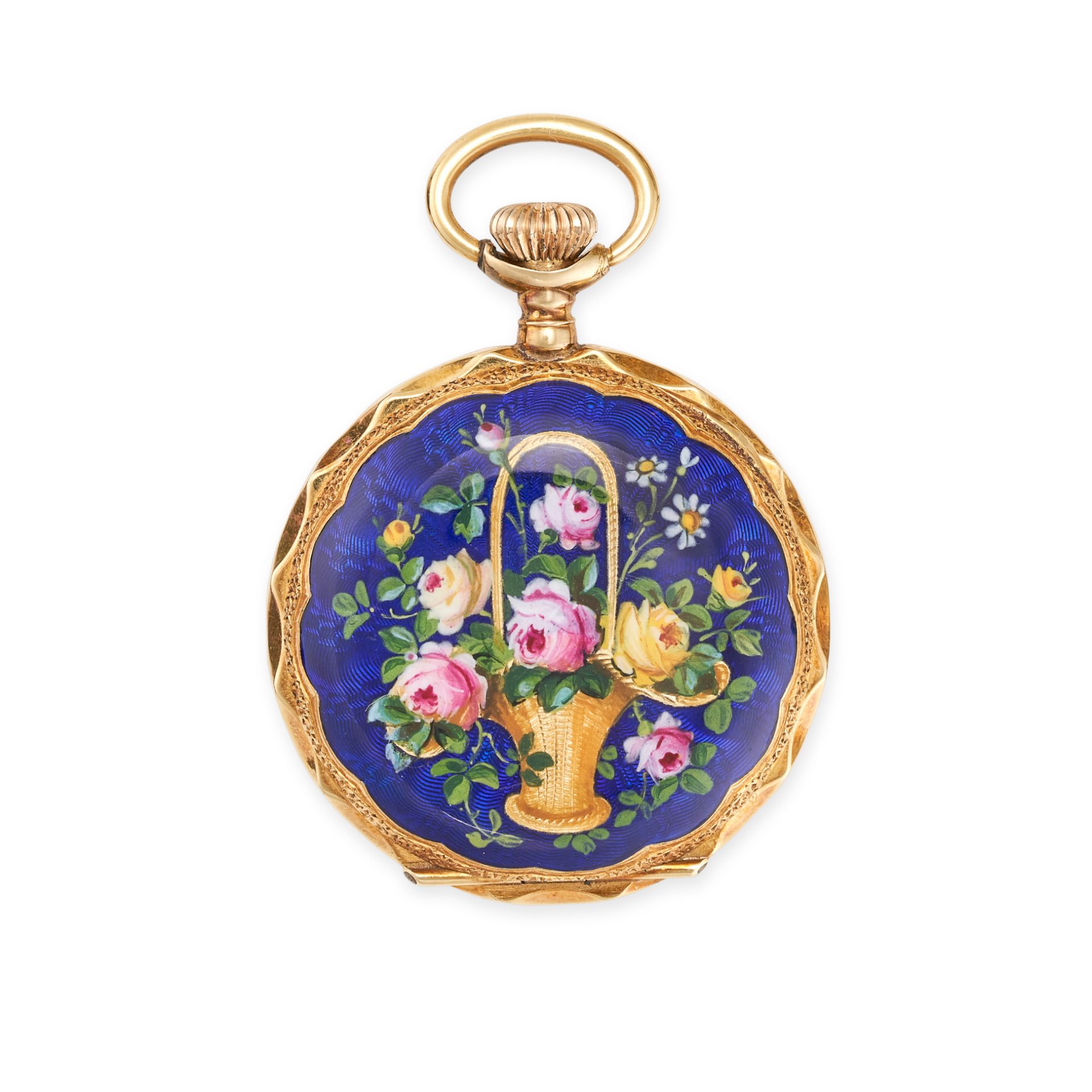 AN ANTIQUE ENAMEL POCKET WATCH in 18ct yellow gold, the circular watch depicting a flower basket ...