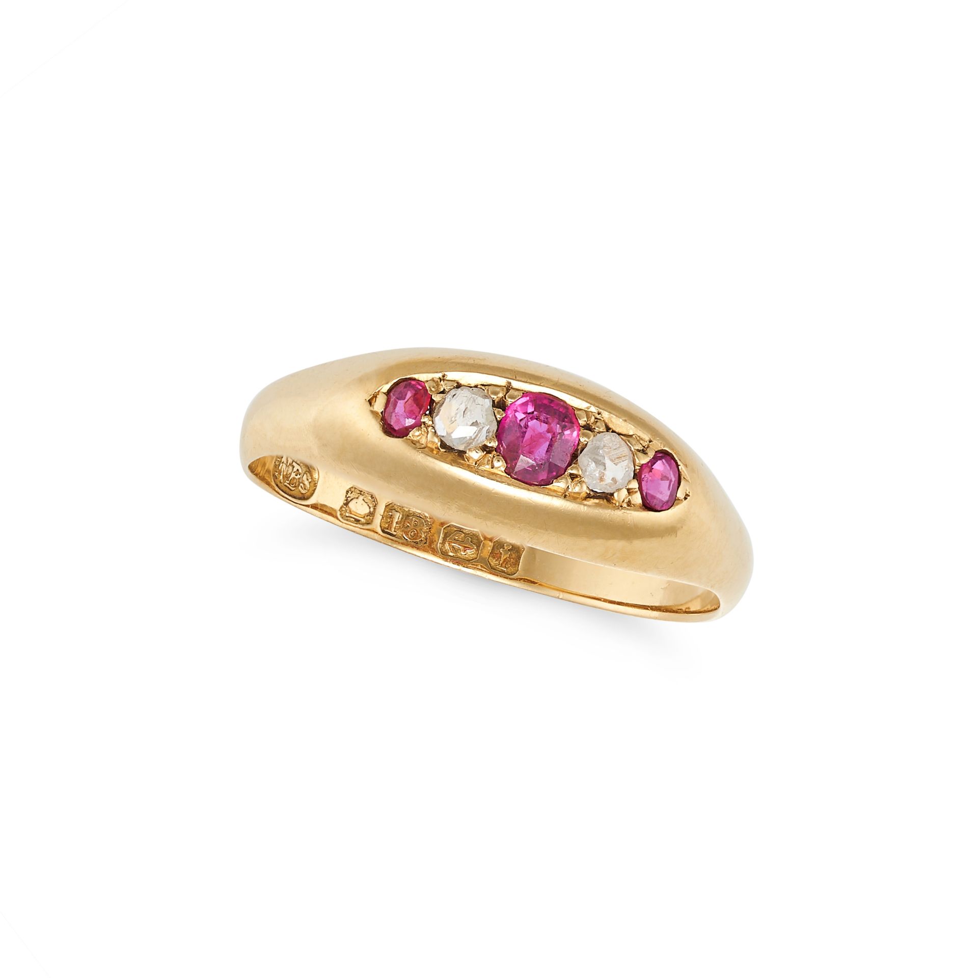 NO RESERVE -  AN ANTIQUE RUBY AND DIAMOND RING in 18ct yellow gold, set with three oval cut rubie...