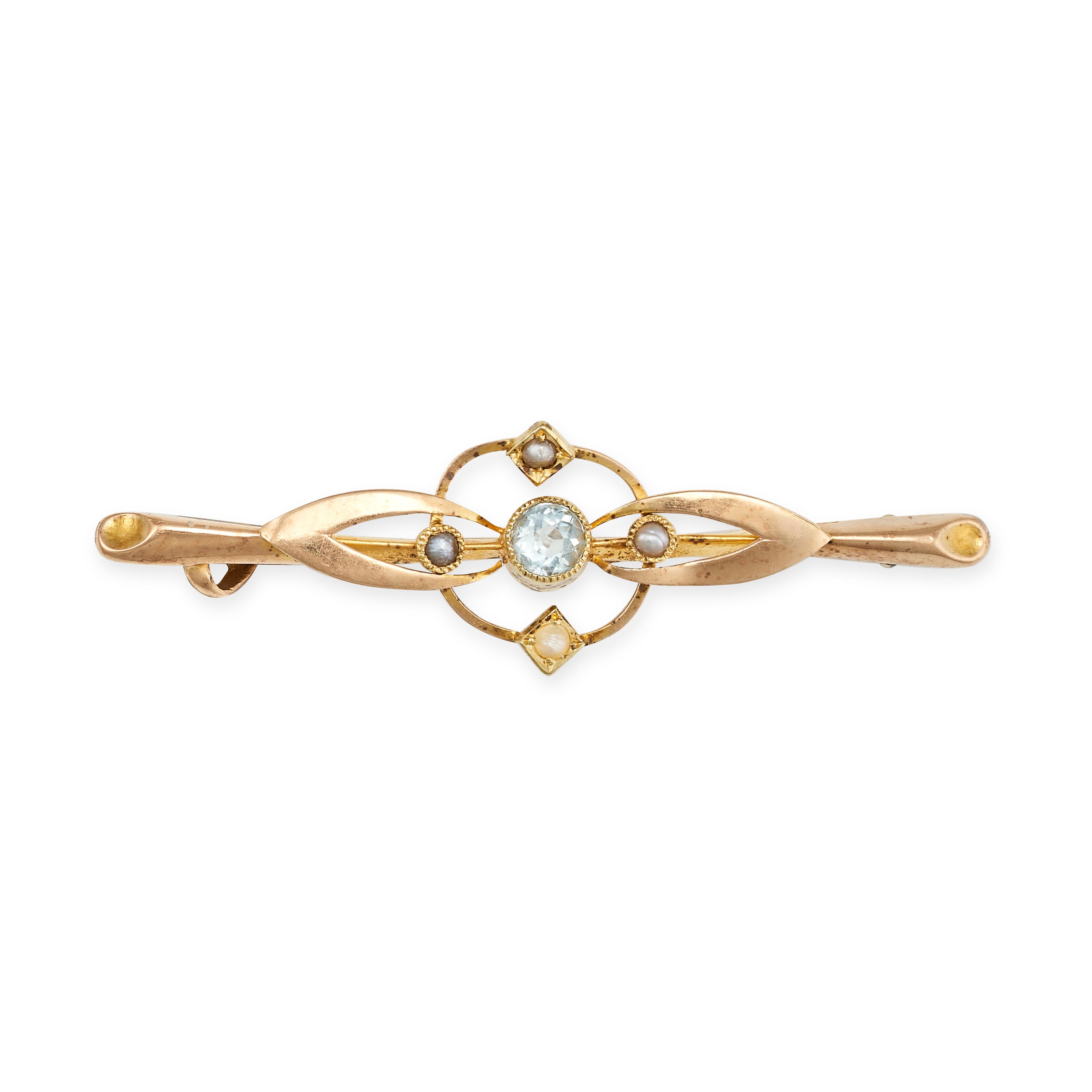 AN ANTIQUE AQUAMARINE AND PEARL BAR BROOCH in 15ct yellow gold, set with a round cut aquamarine a...