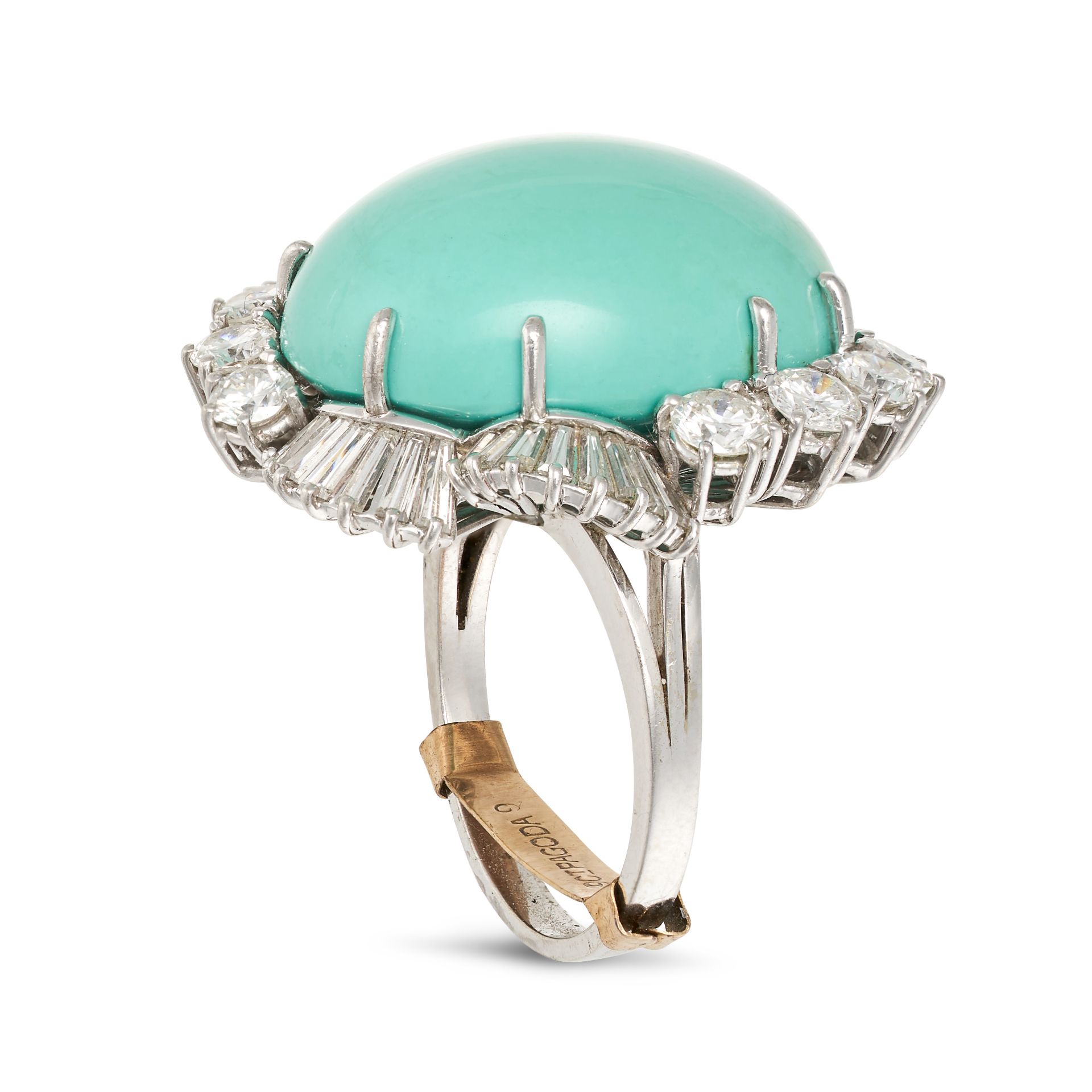 A TURQUOISE AND DIAMOND CLUSTER RING in 18ct white gold, set with an oval cabochon turquoise in a... - Image 2 of 2