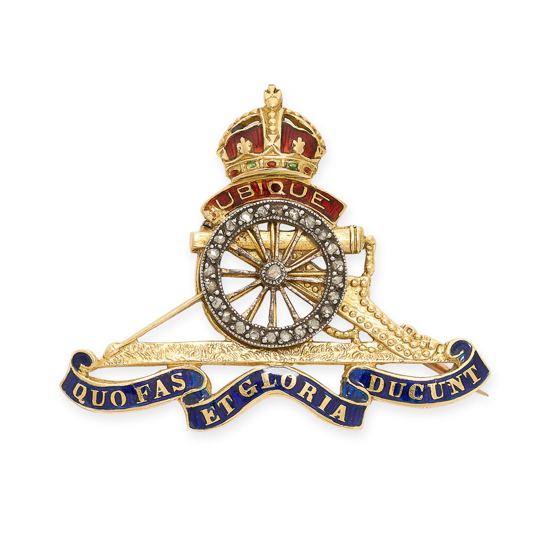 NO RESERVE - AN ANTIQUE REGIMENTAL JEWELLED ENAMEL ROYAL ARTILLERY BROOCH, CIRCA 1900 in the form...