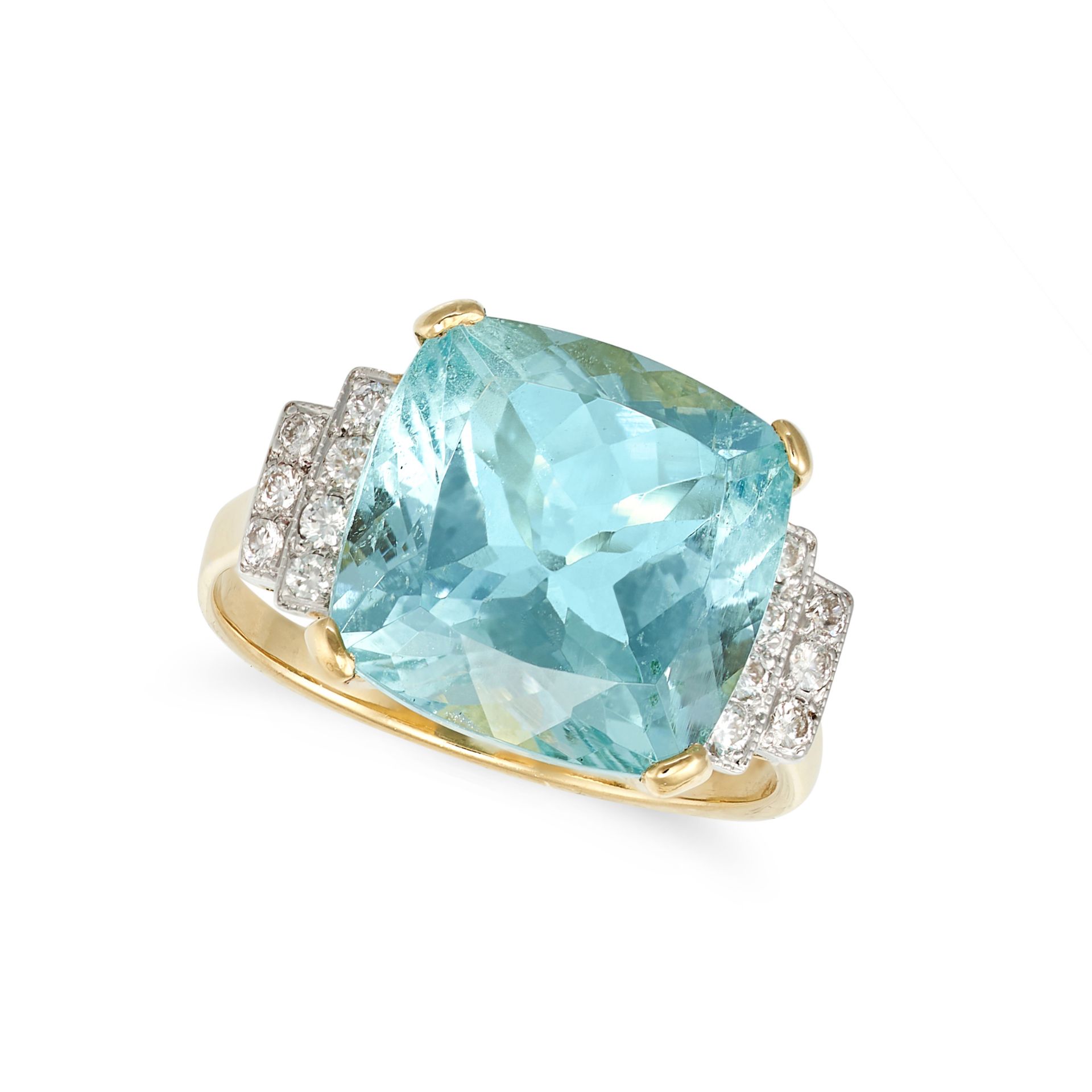 AN AQUAMARINE AND DIAMOND DRESS RING in 18ct yellow gold, set with a cushion cut aquamarine of ap...