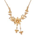 AN ANTIQUE PEARL FLOWER PENDANT NECKLACE in 18ct yellow gold, the pendant in foliate design set t...