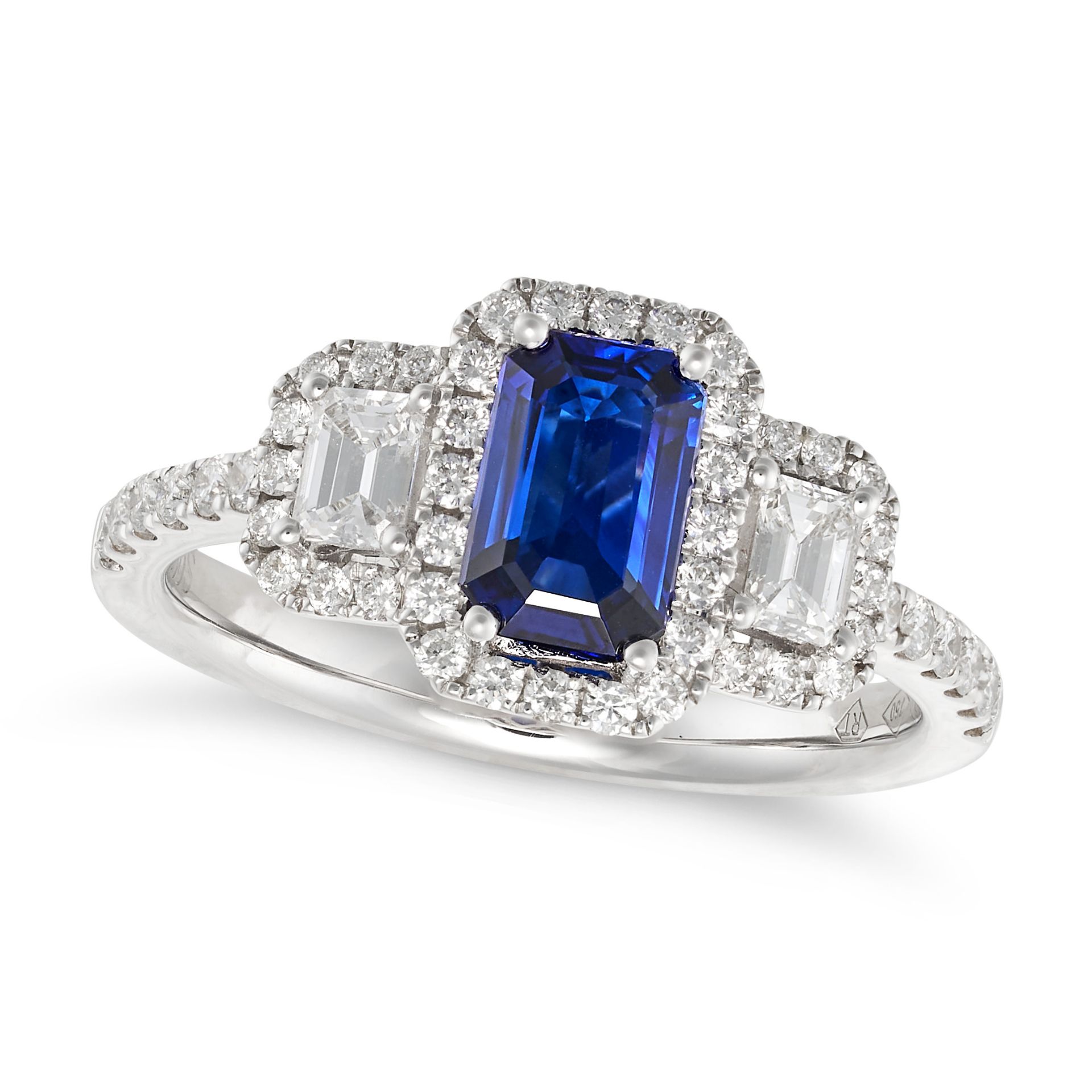 A SAPPHIRE AND DIAMOND RING in 18ct white gold, set with an octagonal step cut sapphire of 0.95 c...