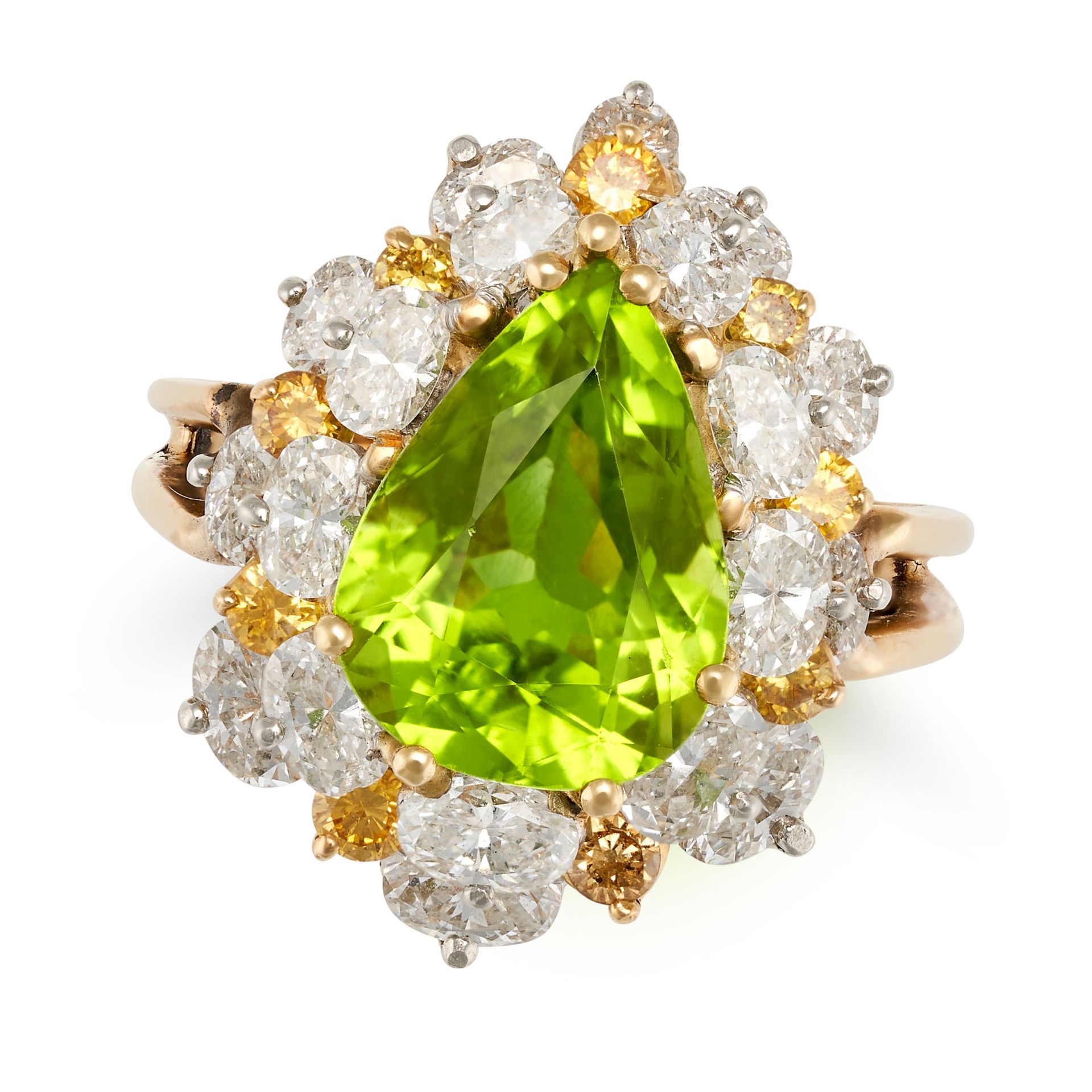 A PERIDOT AND DIAMOND CLUSTER RING in 18ct yellow gold, set with a pear cut peridot of approximat...