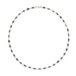 A SAPPHIRE CHAIN NECKLACE in yellow gold, set with oval and pear cut sapphires, no assay marks, 4...