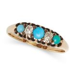 AN ANTIQUE TURQUOISE AND DIAMOND RING in 18ct yellow gold, set with a row of alternating cabochon...