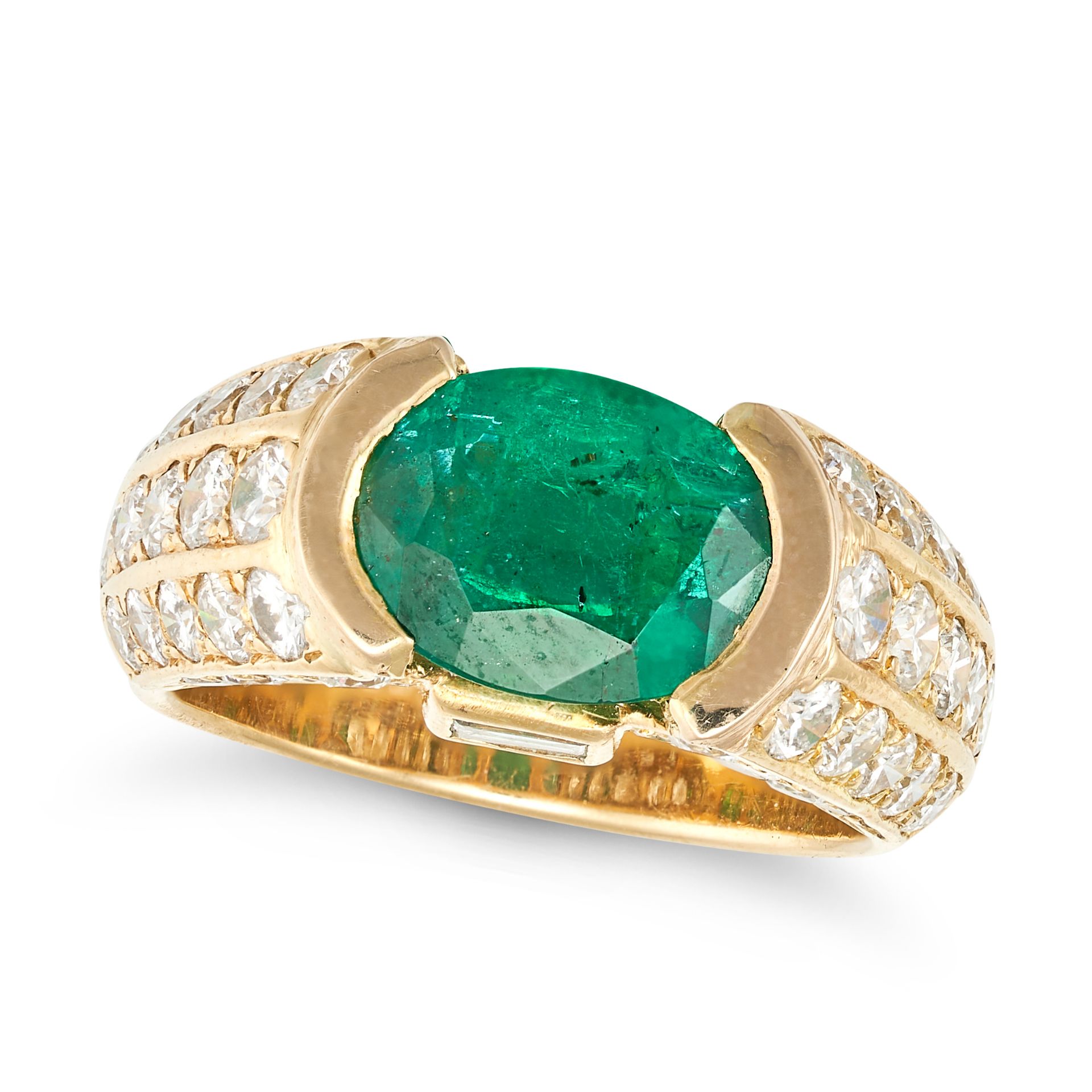 PERRIN, AN EMERALD AND DIAMOND RING in 18ct yellow gold, set with an oval cut emerald of approxim...