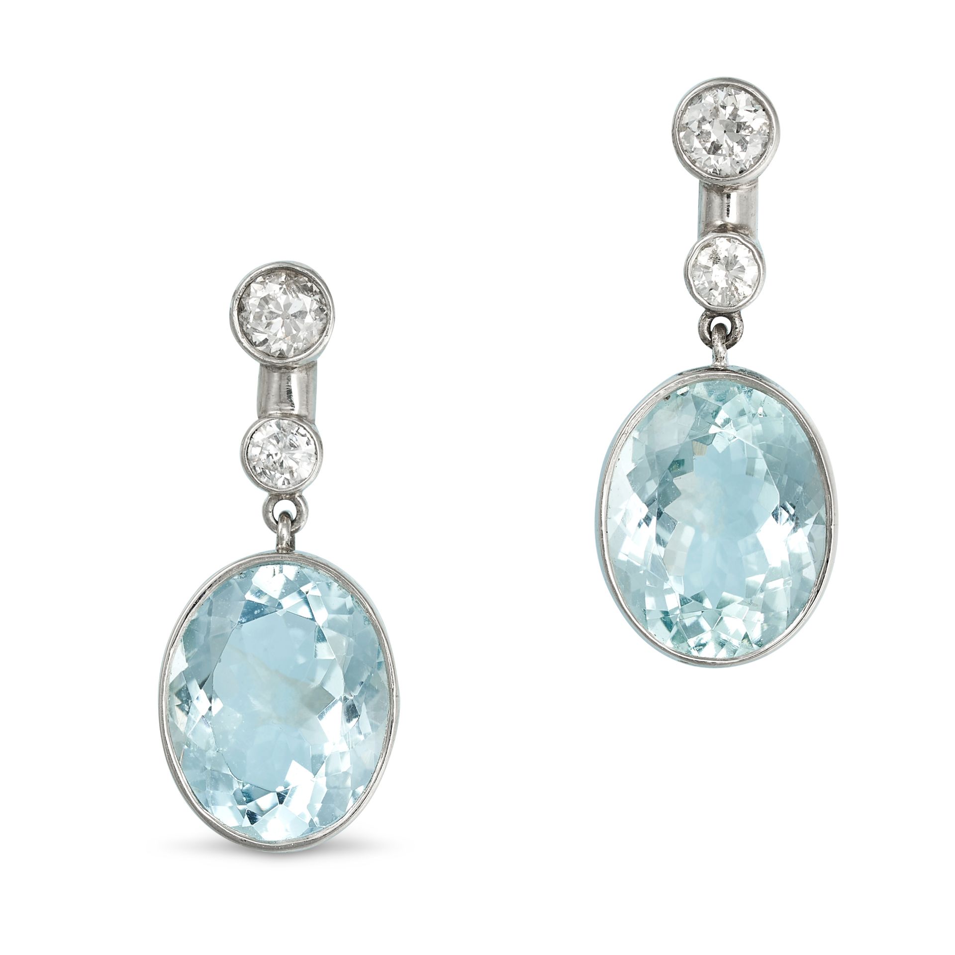 A PAIR OF AQUAMARINE AND DIAMOND DROP EARRINGS in platinum, each set with two round brilliant cut...