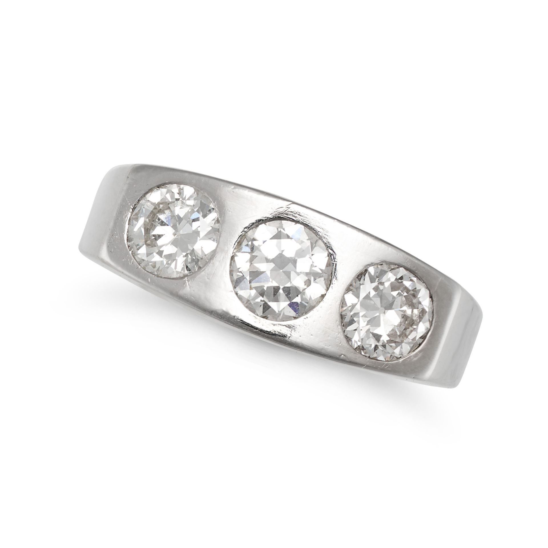 A THREE STONE DIAMOND GYPSY RING in 18ct white gold, set with three old European cut diamonds, th...