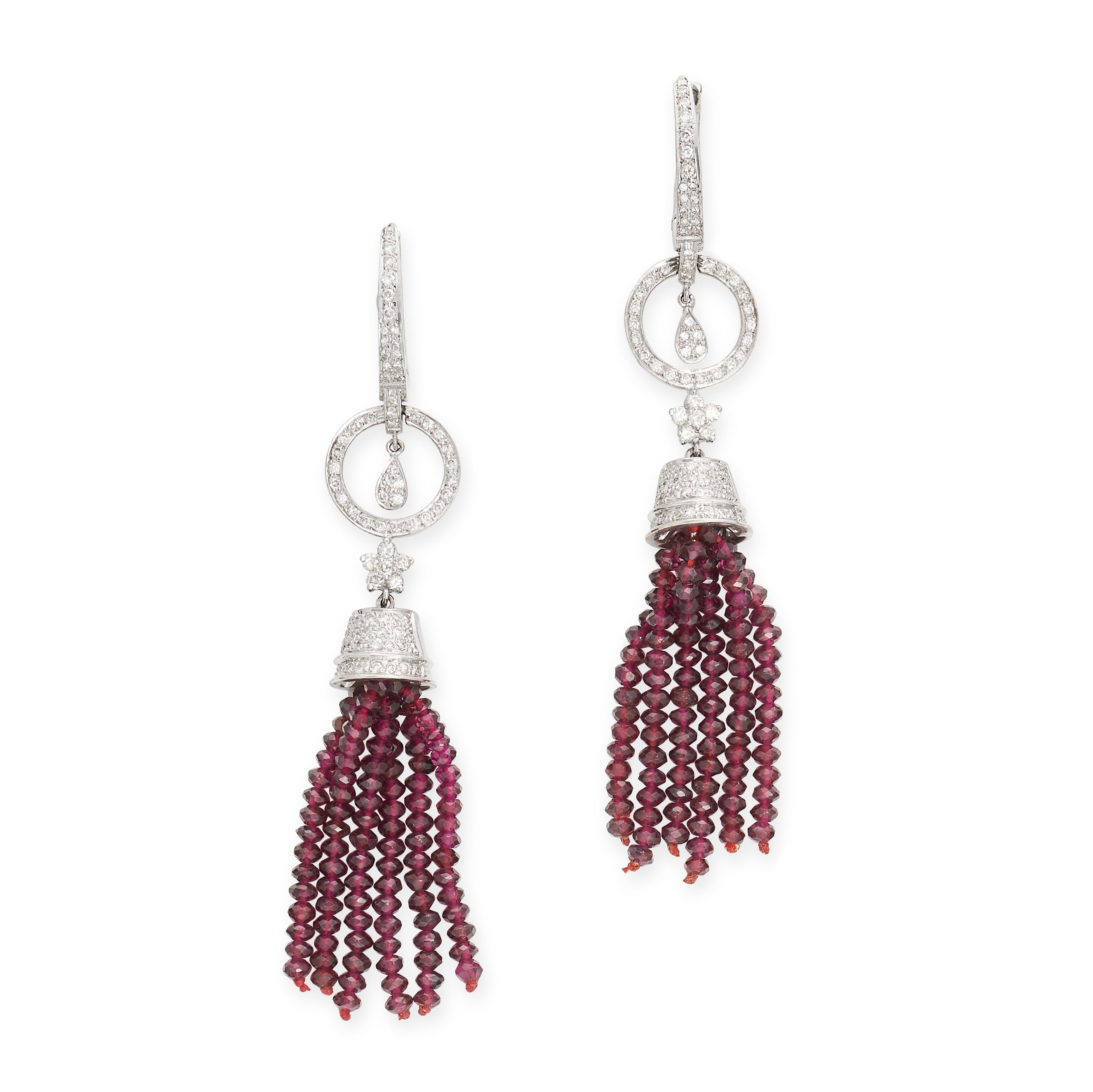 A PAIR OF RUBY AND DIAMOND TASSEL EARRINGS in 18ct white gold, each comprising a hoop set with a ... - Image 2 of 2