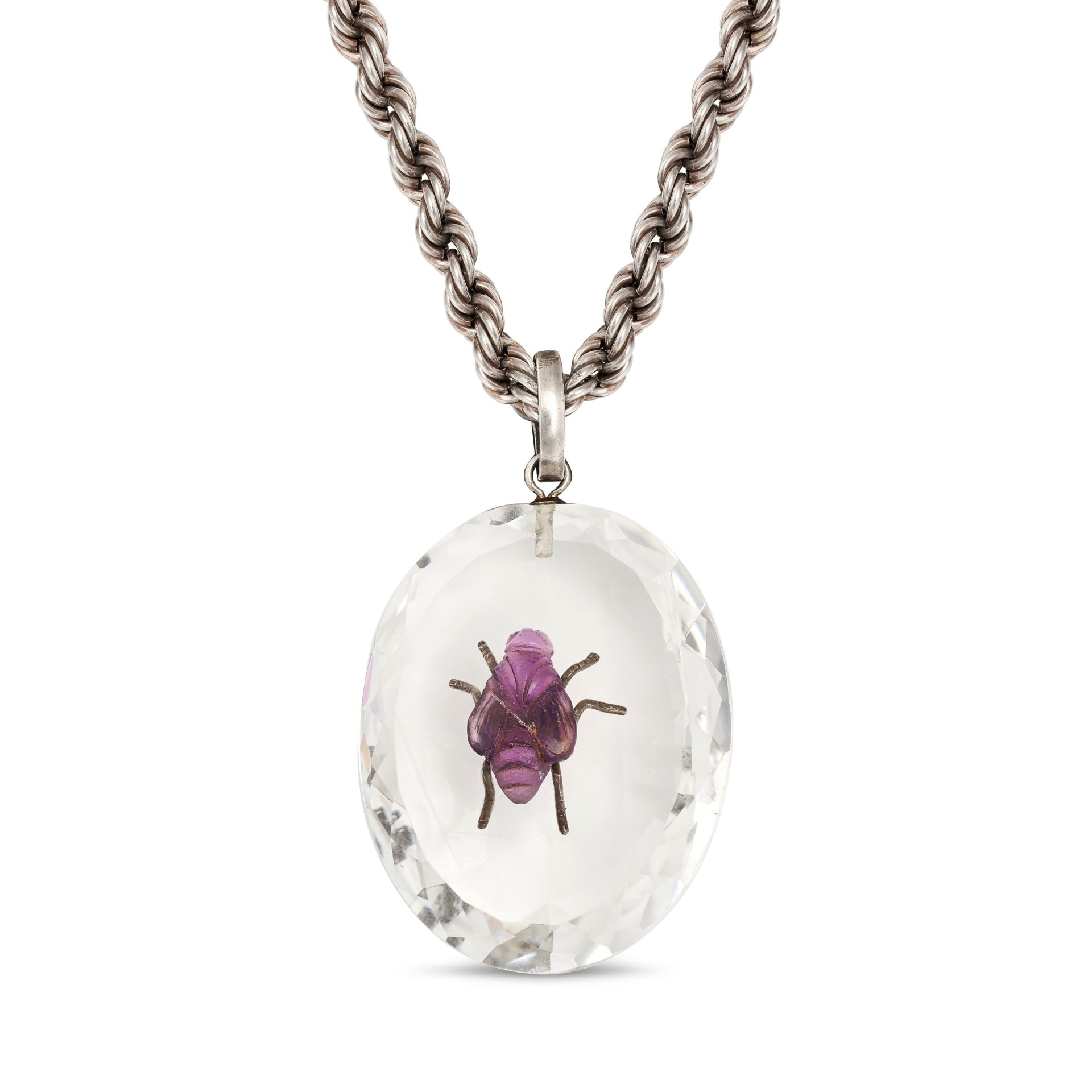 AN ANTIQUE ROCK CRYSTAL AND AMETHYST PENDANT NECKLACE in silver, comprising an oval faceted rock ...