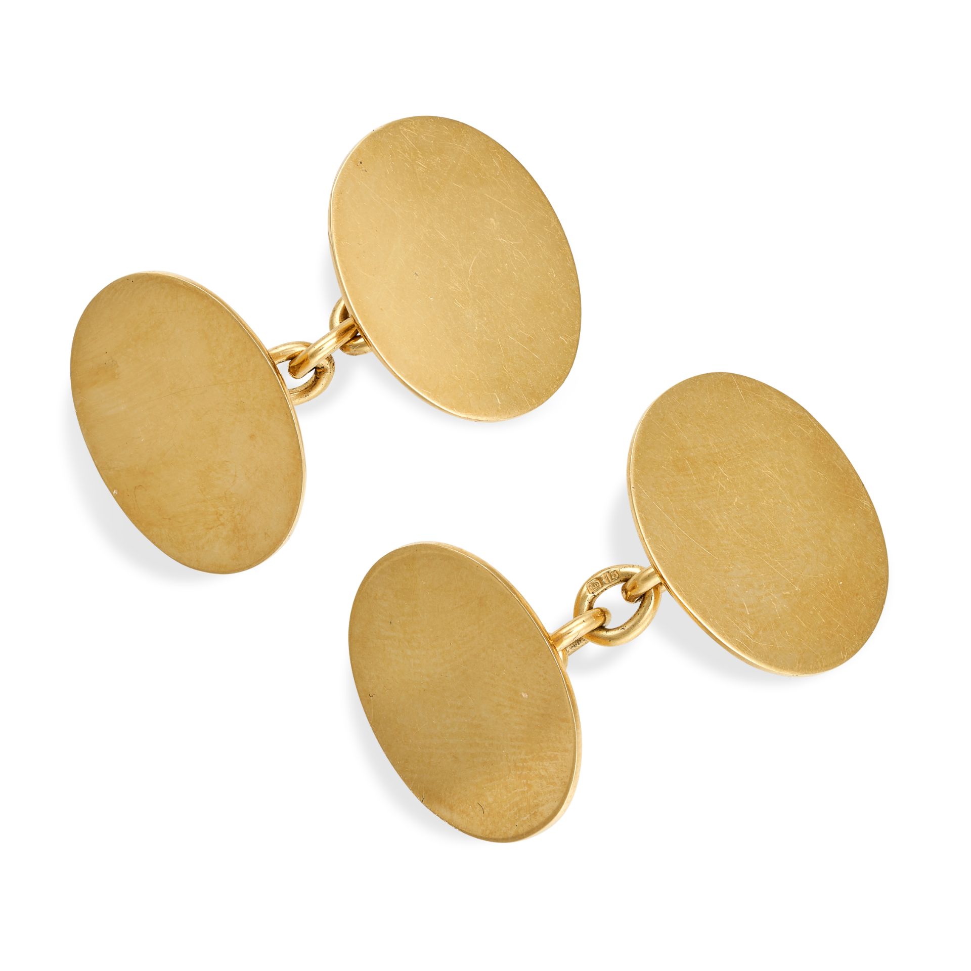 A PAIR OF VINTAGE GOLD CUFFLINKS in 18ct yellow gold, each comprising two oval faces connected by...
