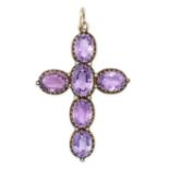 AN ANTIQUE AMETHYST AND PEARL CROSS PENDANT in silver, the cross set with oval cut amethysts acce...