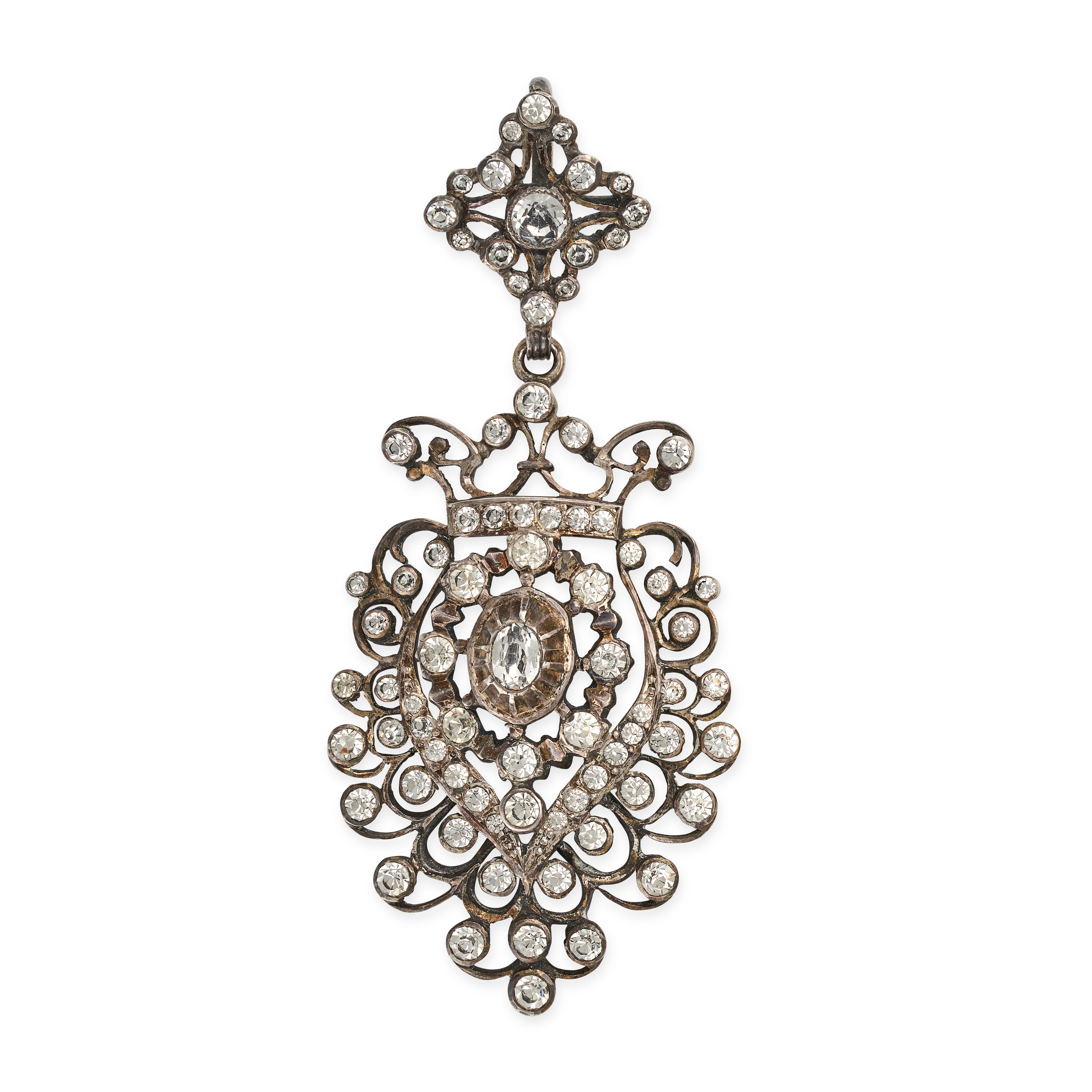 AN ANTIQUE PASTE PENDANT the openwork pendant set throughout with oval and round cut paste stones...