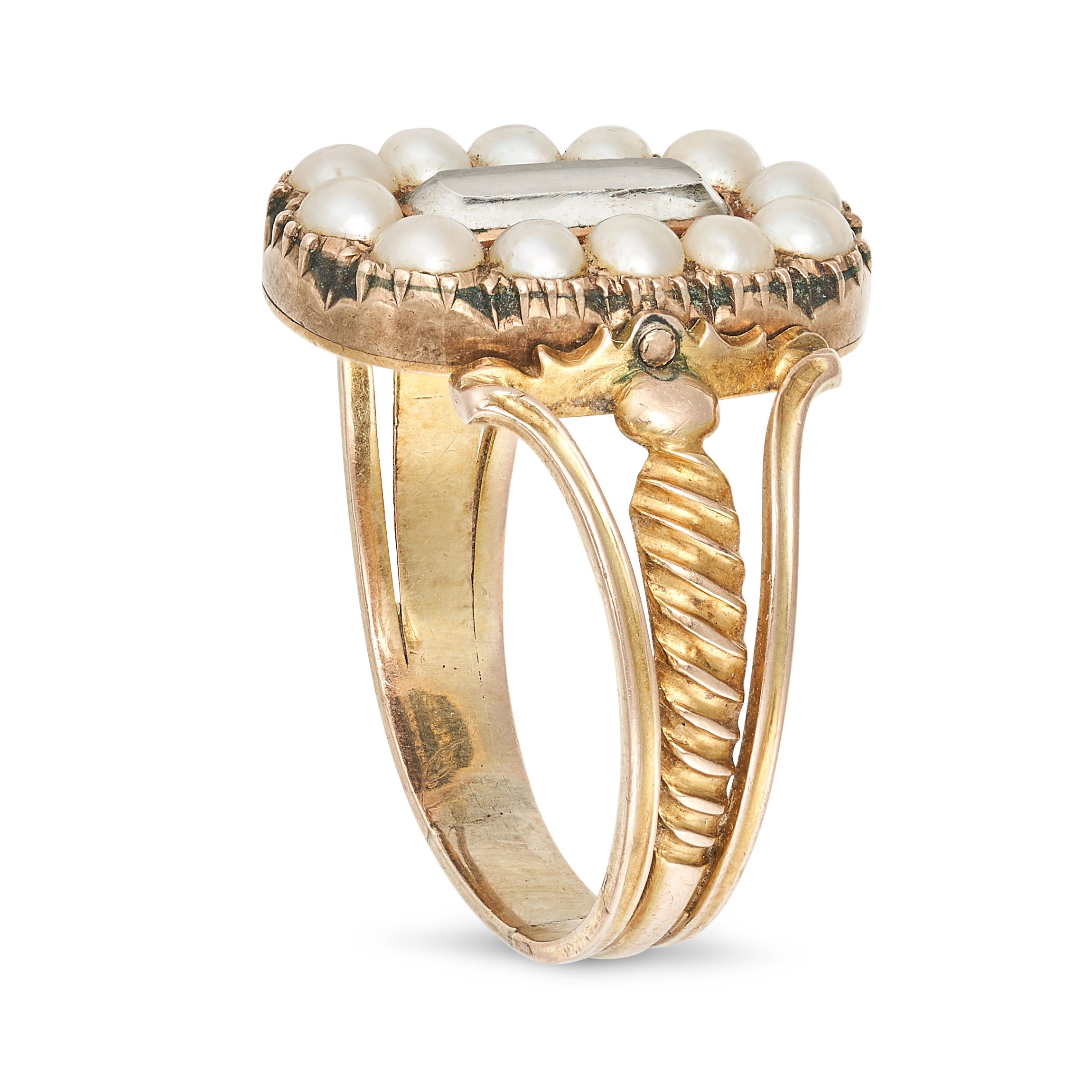 A GEORGIAN HAIRWORK AND PEARL SWIVEL MOURNING RING in yellow gold, set to one side with a hairwor... - Image 2 of 2