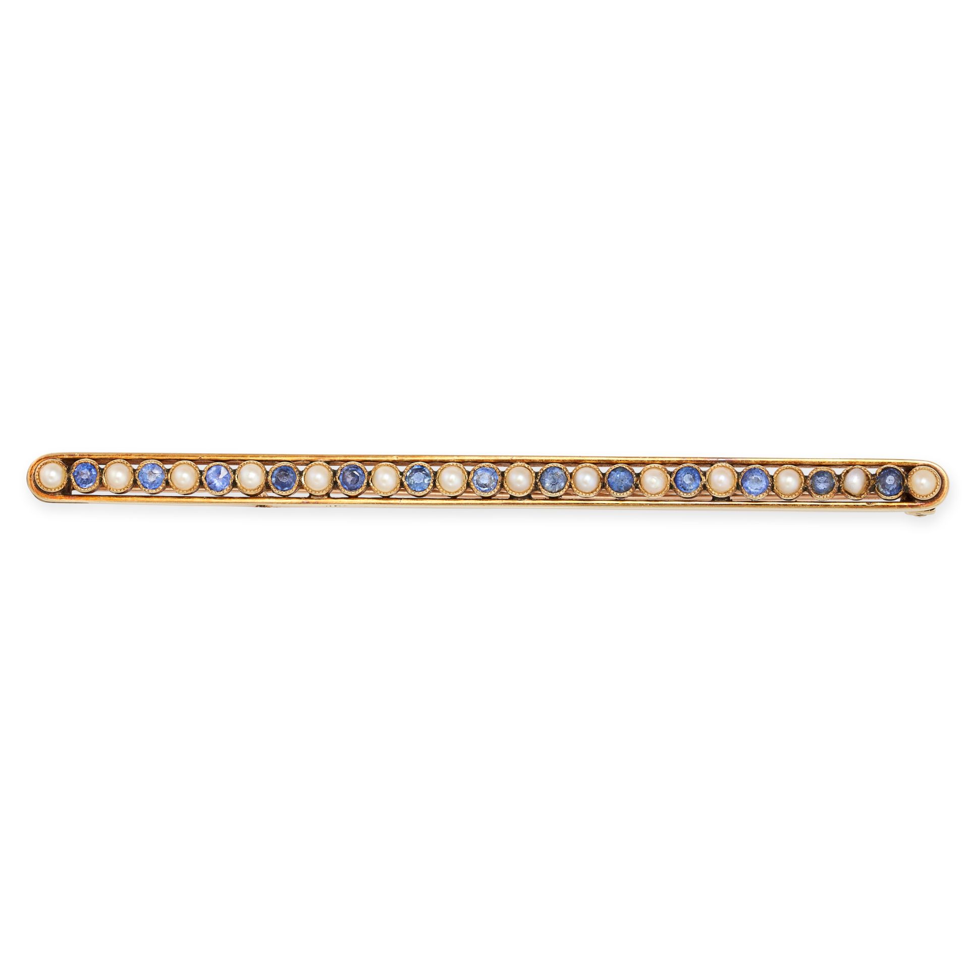 AN ANTIQUE SAPPHIRE AND PEARL BAR BROOCH in 15ct yellow gold, set with a row of alternating round...