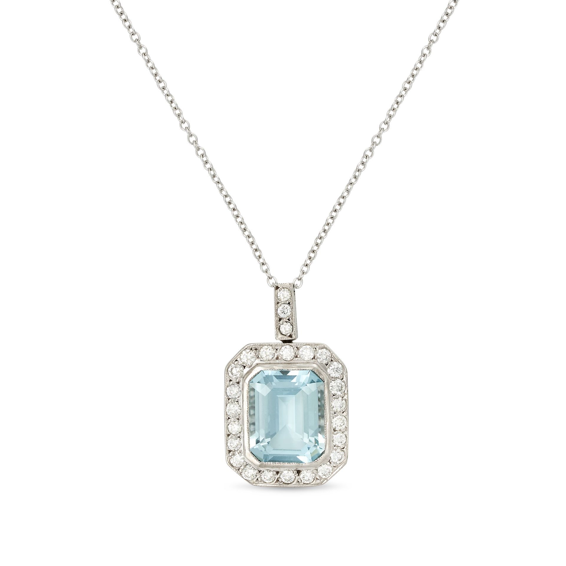 AN AQUAMARINE AND DIAMOND PENDANT NECKLACE the pendant set with an octagonal step cut aquamarine ...