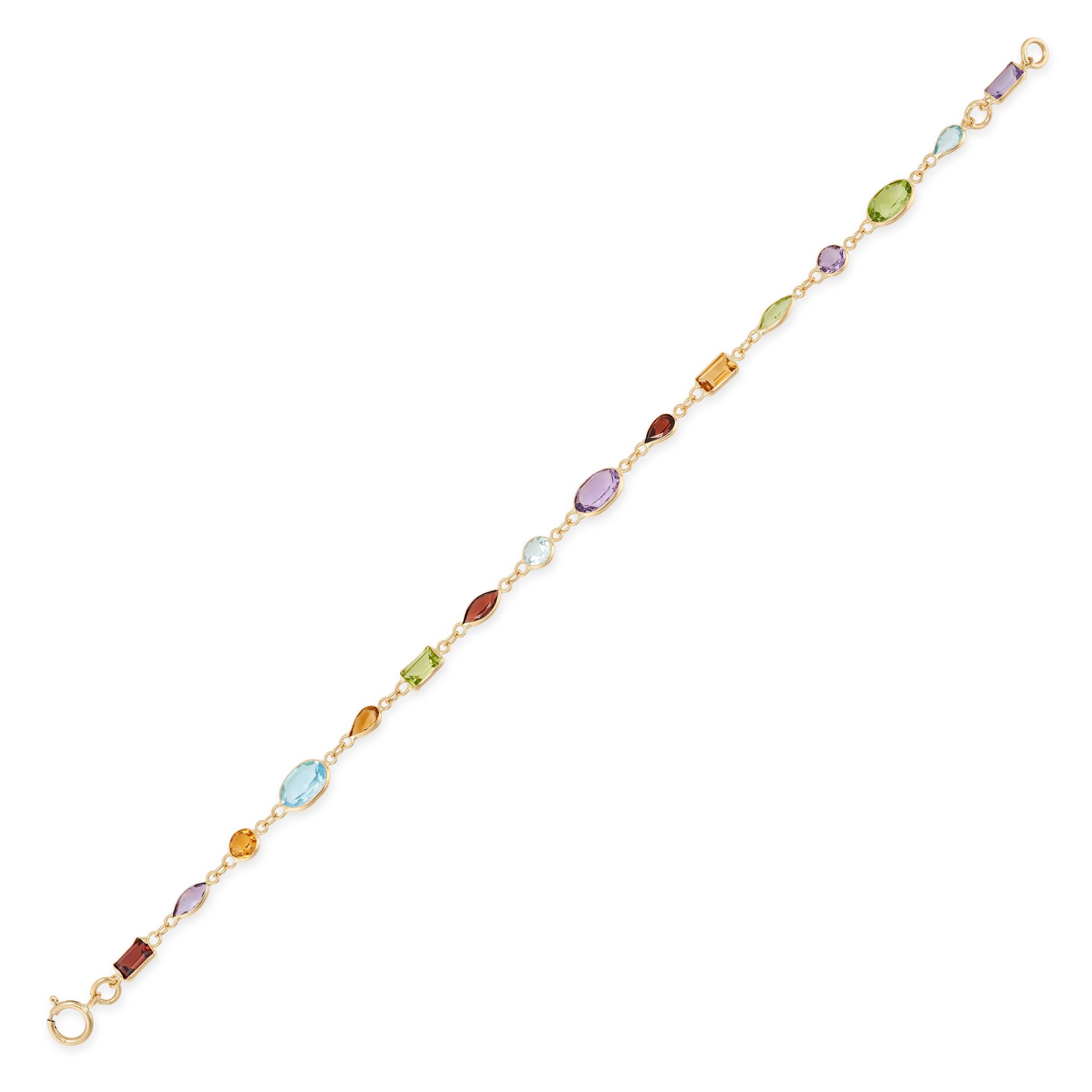 A MULTI GEM BRACELET in 18ct yellow gold, set with a row of oval, round, rectangular step, pear a...