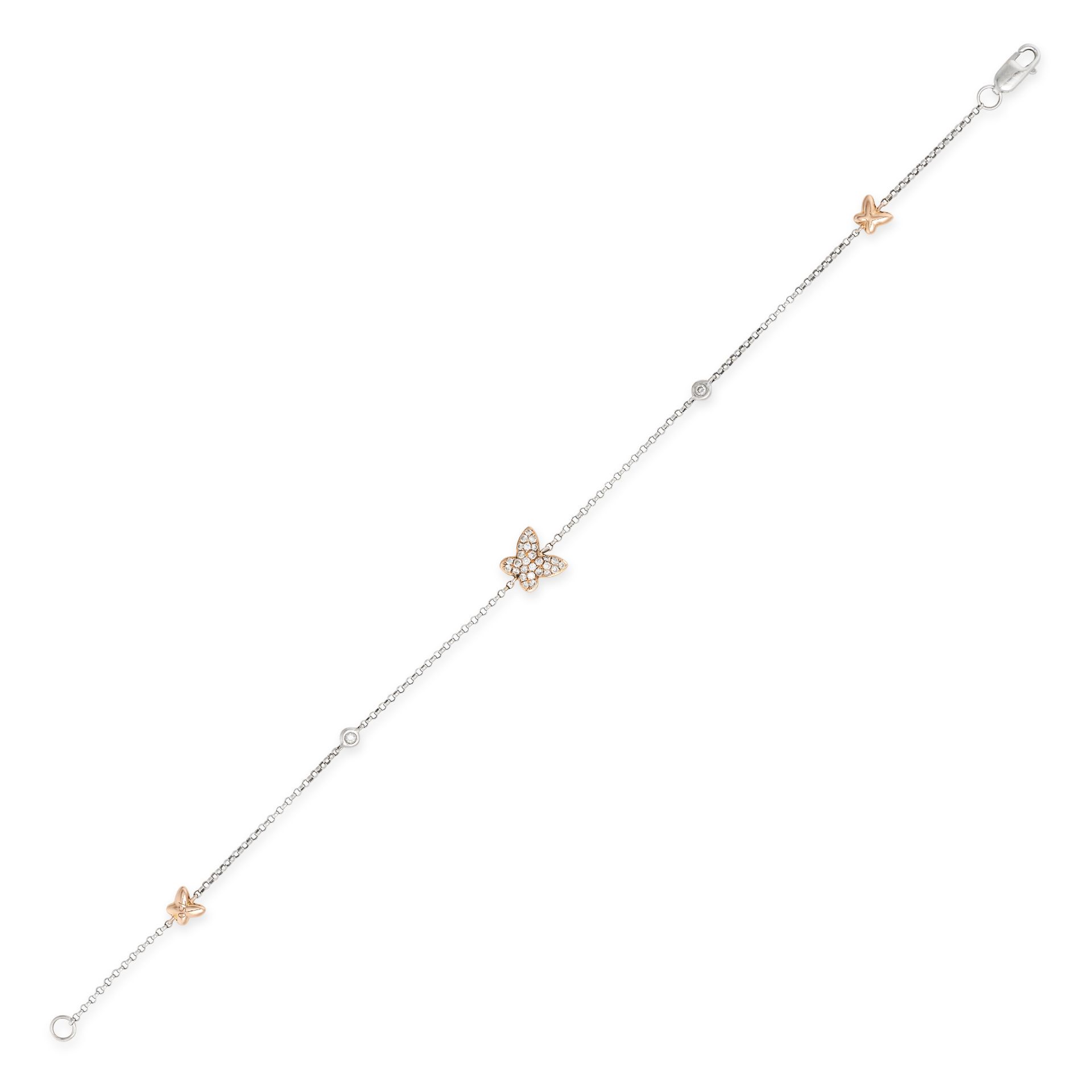 A DIAMOND BUTTERFLY BRACELET in 18ct white and rose gold, the fine chain bracelet with three butt...