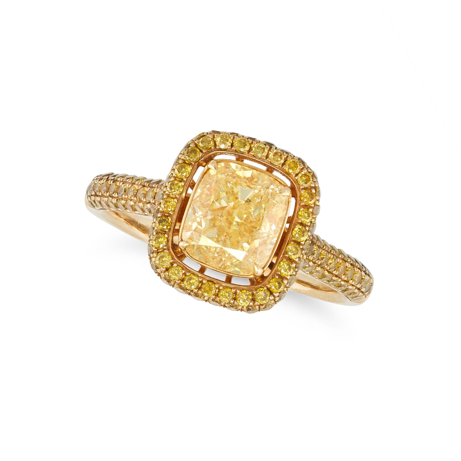 A FANCY INTENSE YELLOW DIAMOND RING in 18ct yellow gold, set with a cushion cut fancy intense yel...