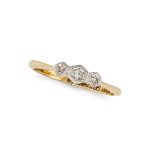 AN ANTIQUE DIAMOND RING in 18ct yellow gold and platinum, set with three single and rose cut diam...