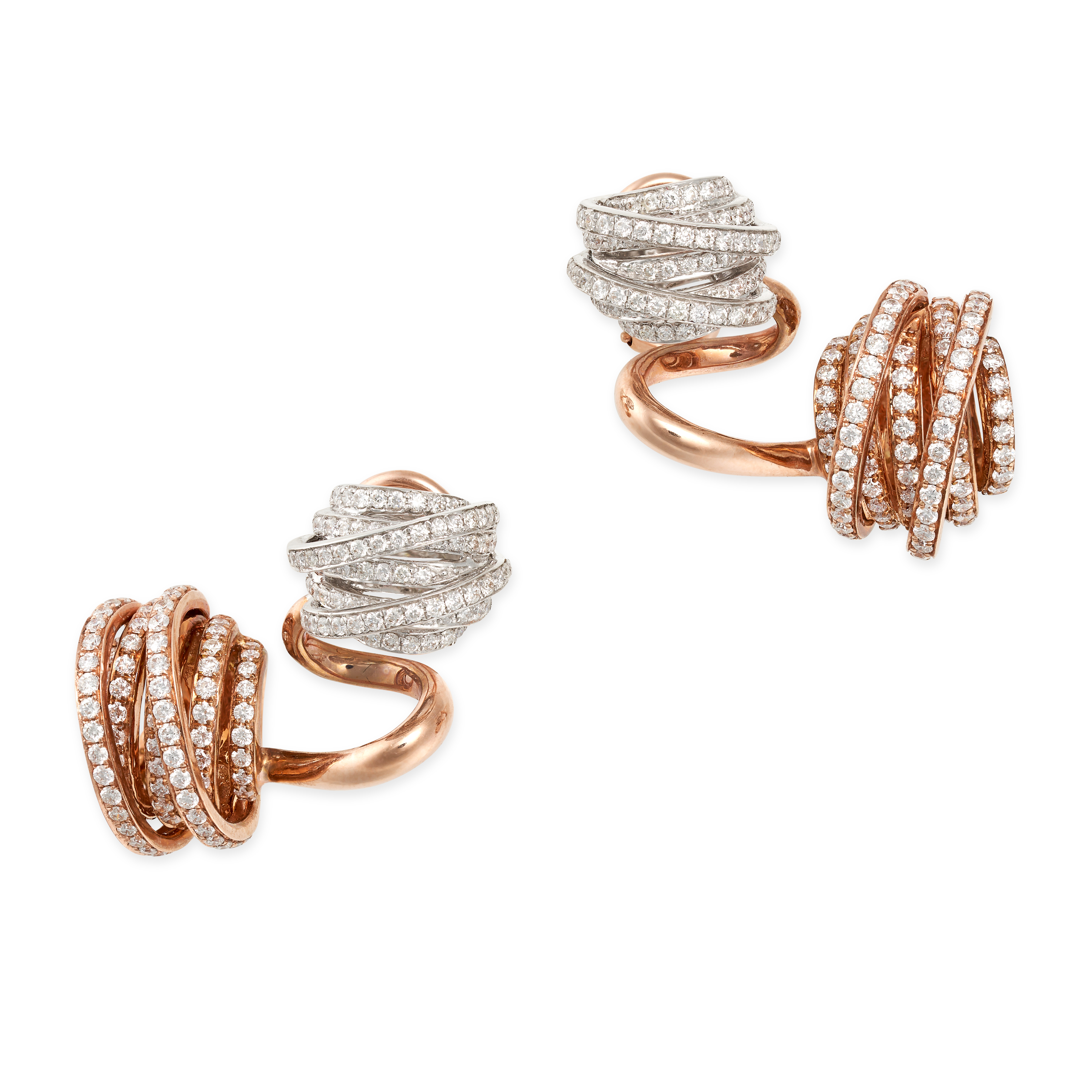 A PAIR OF DIAMOND EARRINGS in 18ct white and rose gold, comprising two sections set with seven ba... - Image 2 of 2