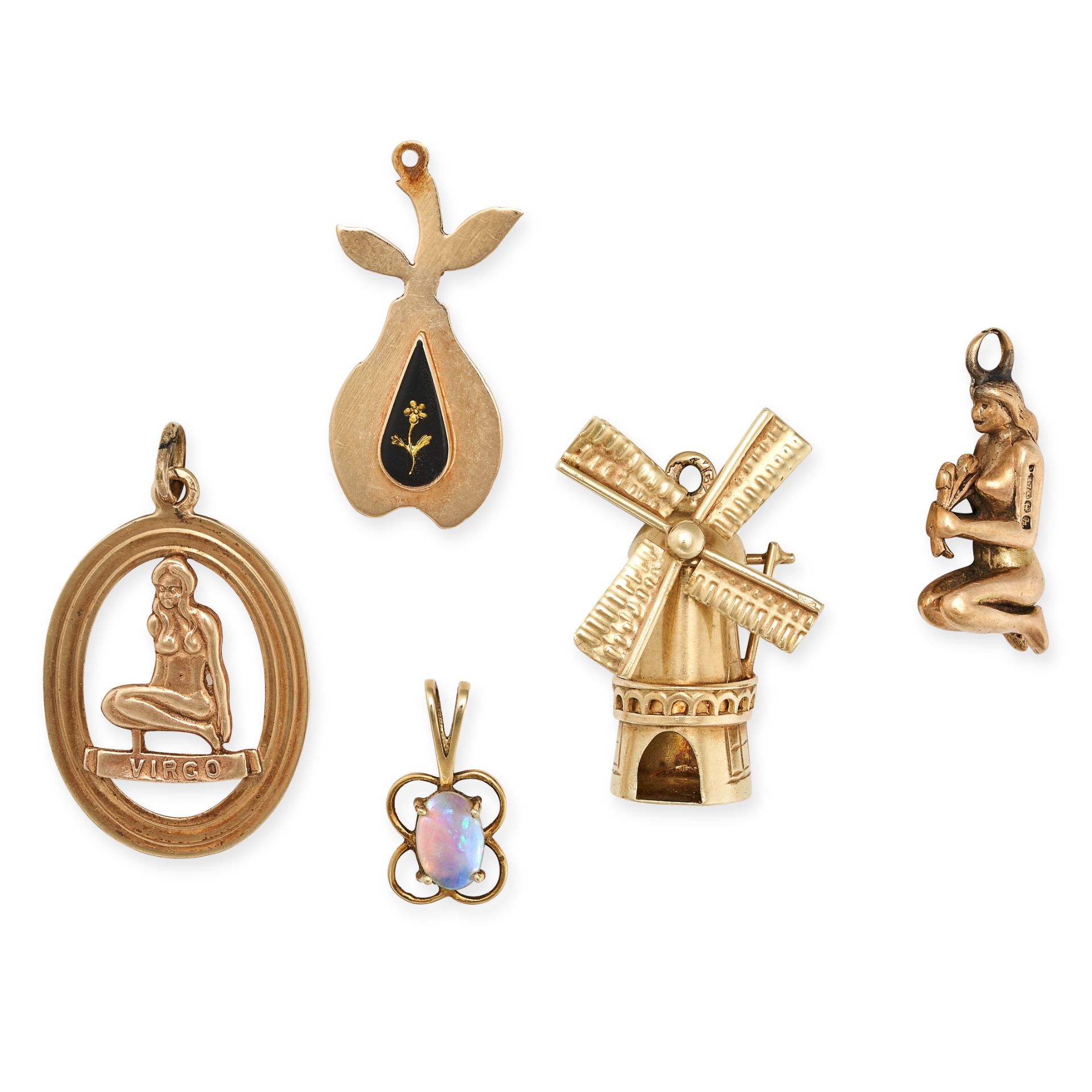 A MIXED LOT OF FIVE CHARM / PENDANTS including a windmill in 14ct yellow gold, stamped 585, a kne...