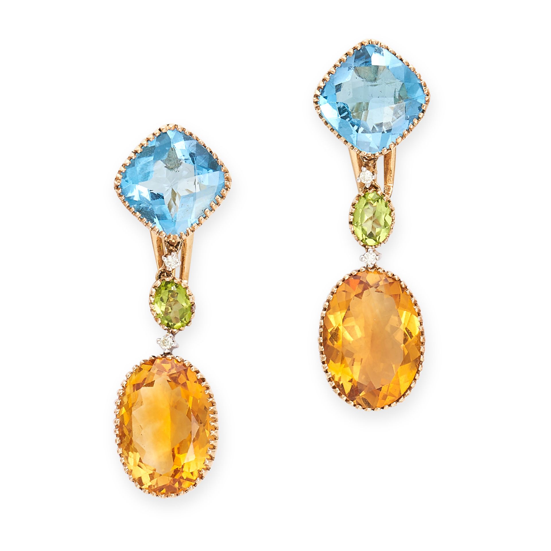 A PAIR OF BLUE TOPAZ, PERIDOT AND CITRINE EARRINGS in 18ct yellow gold, each set with a faceted b...