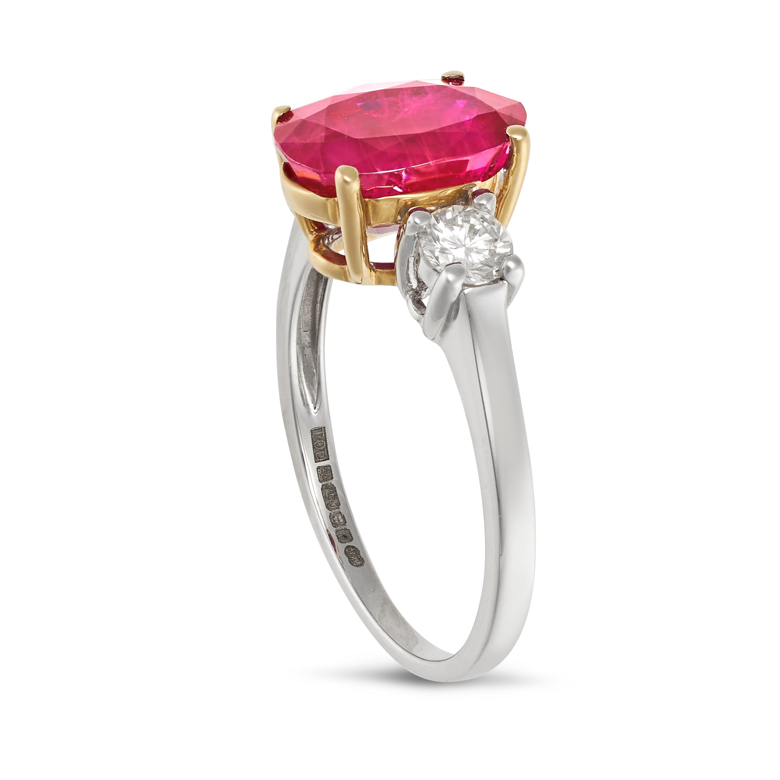 A RUBY AND DIAMOND THREE STONE RING in 18ct white gold, set with an oval cut ruby of approximatel... - Image 2 of 2